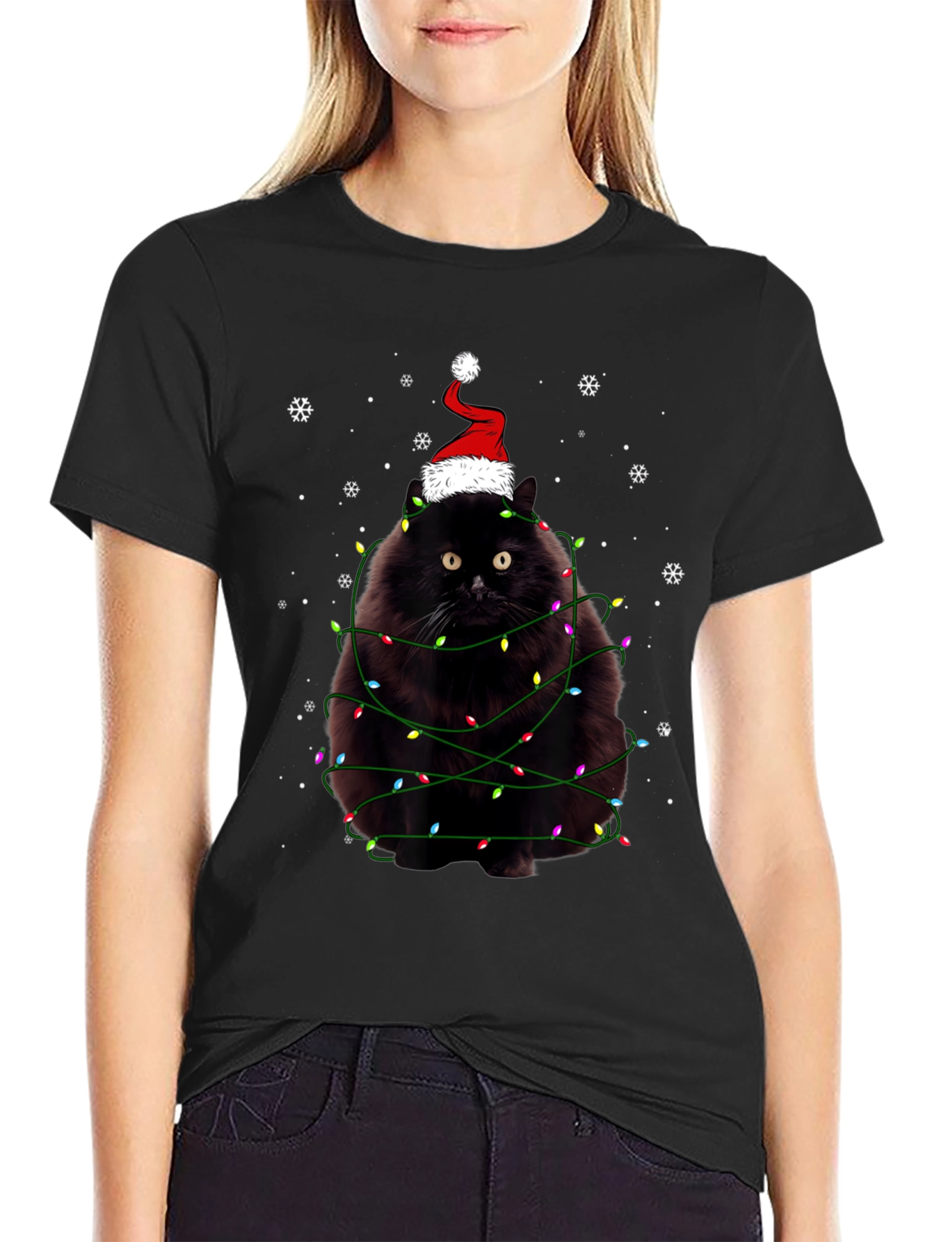 Camiseta Navideña Gato Negro con Luces y Gorro