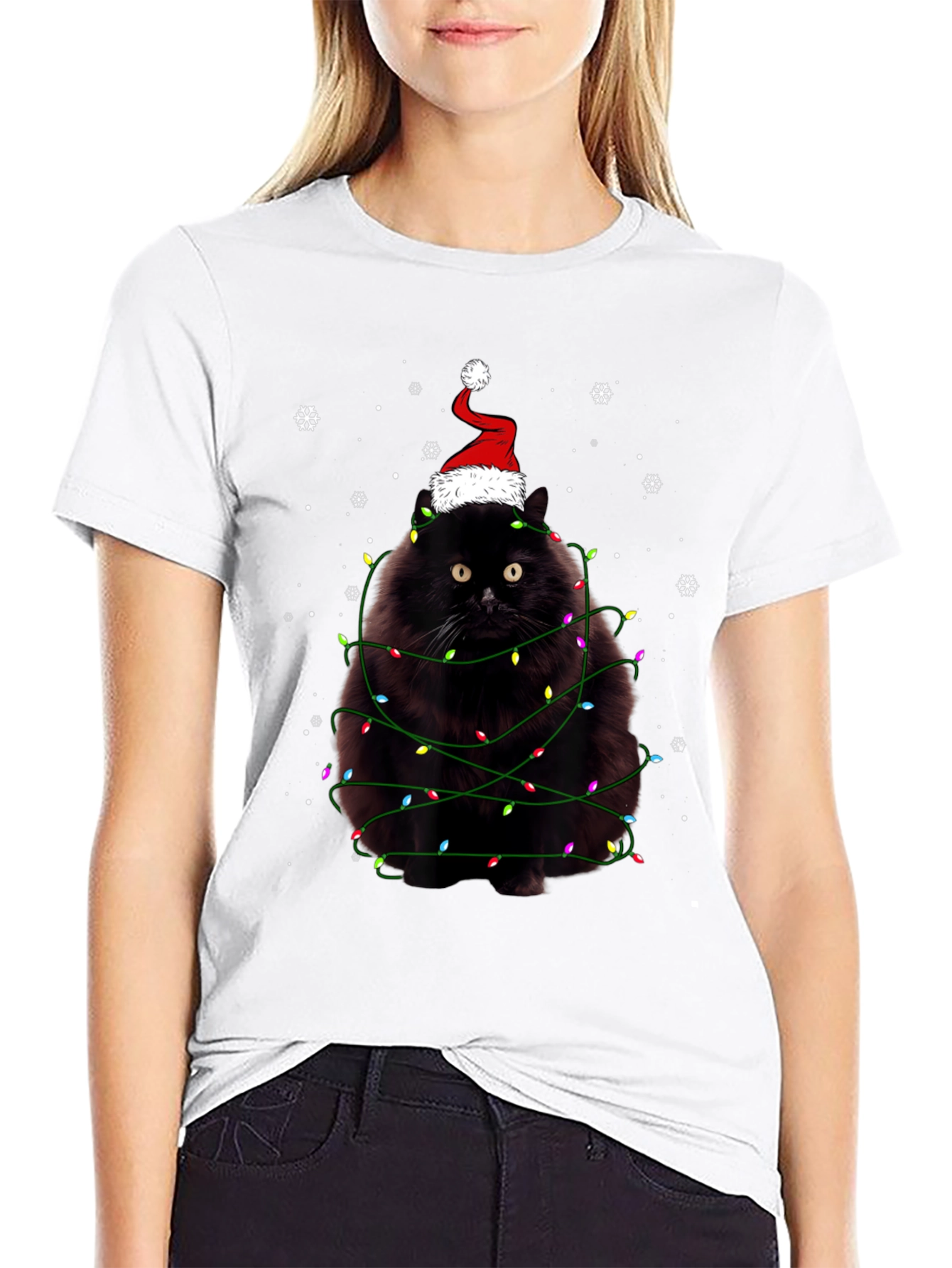Camiseta Navideña Gato Negro con Luces y Gorro