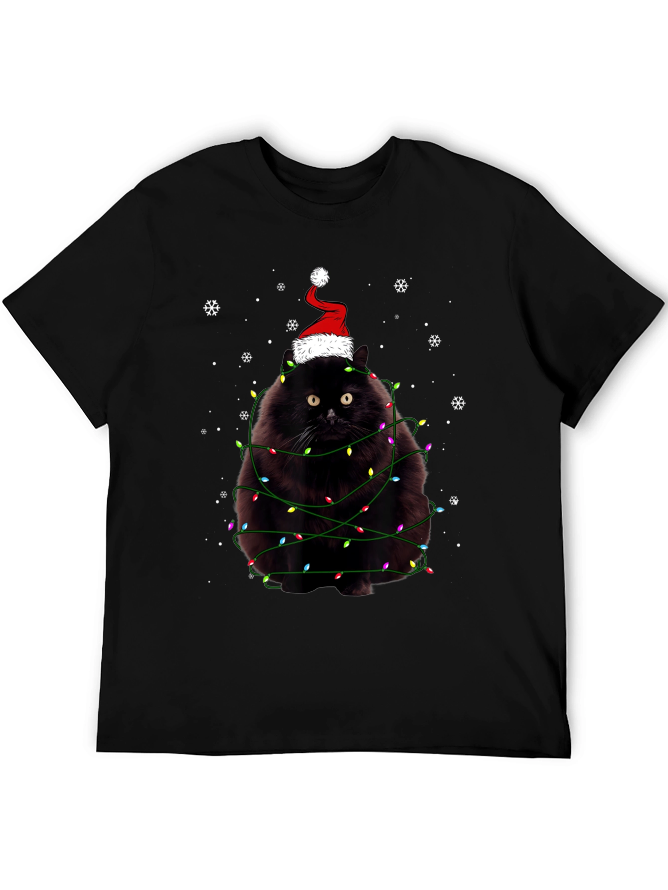 Camiseta Navideña Gato Negro con Luces y Gorro