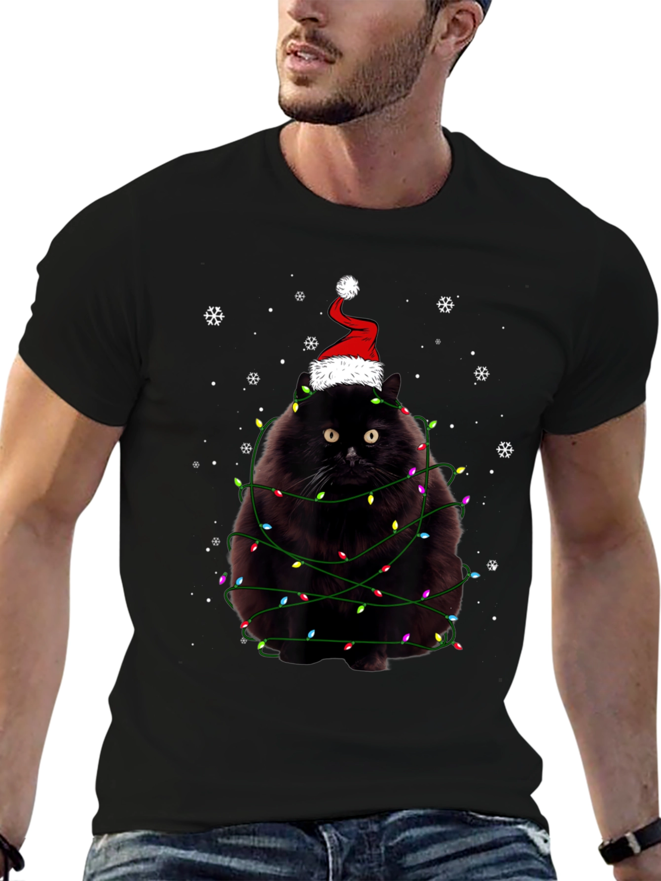 Camiseta Navideña Gato Negro con Luces y Gorro
