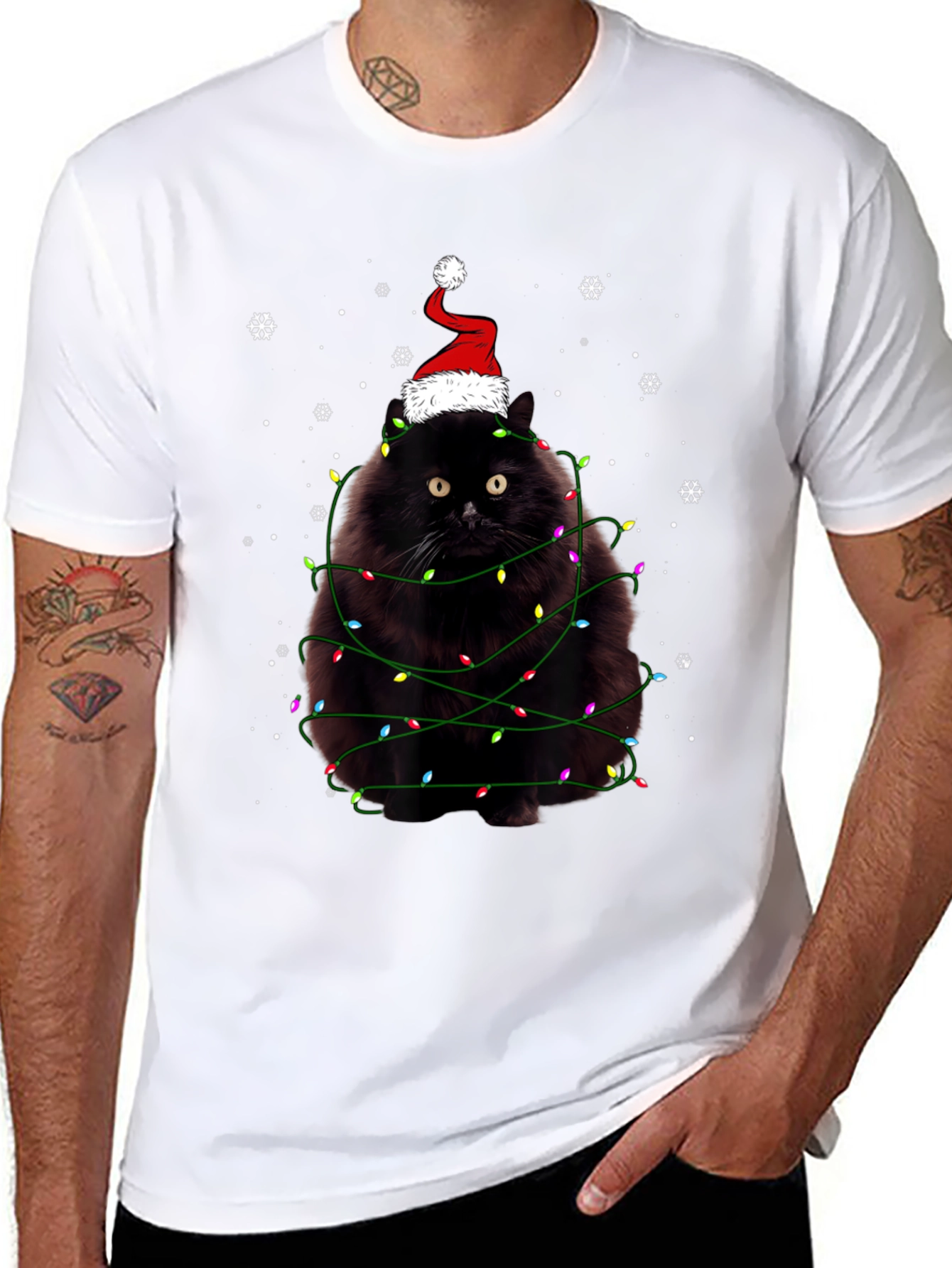 Camiseta Navideña Gato Negro con Luces y Gorro
