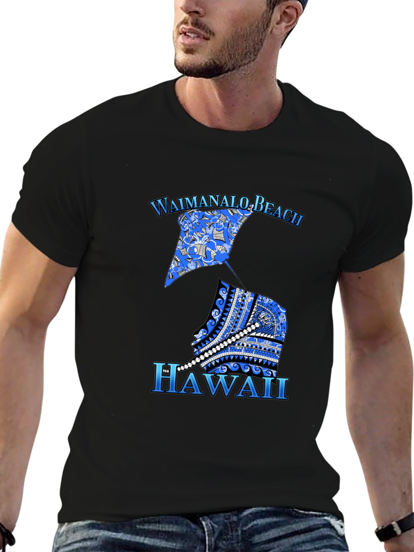 Camiseta Hombre Negra Diseño Waimanalo Beach Hawaii