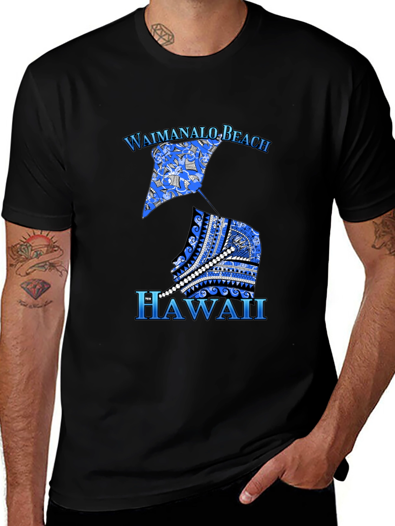 Camiseta Hombre Negra Diseño Waimanalo Beach Hawaii