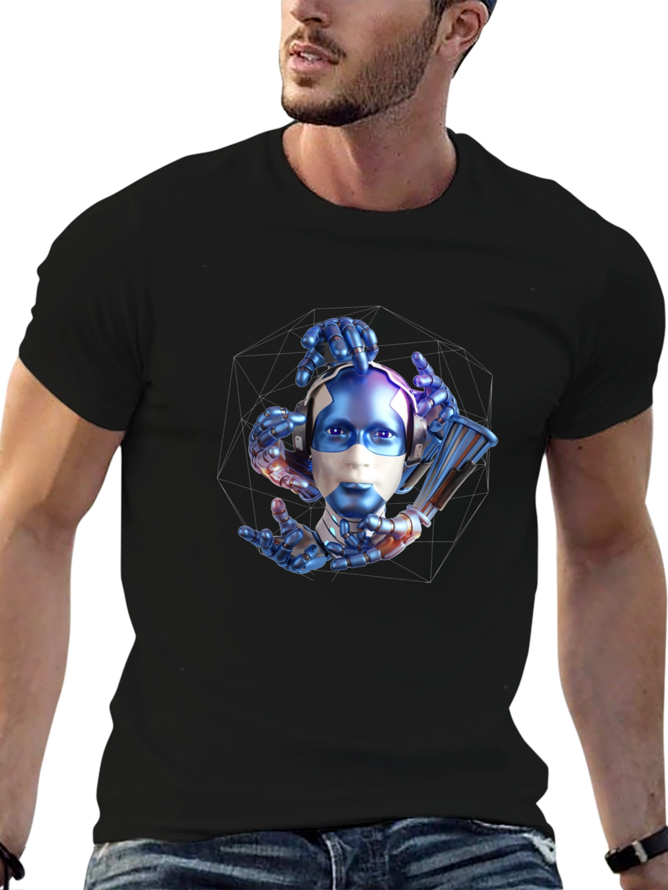 Camiseta Negra con Estampado Futurista de Robot
