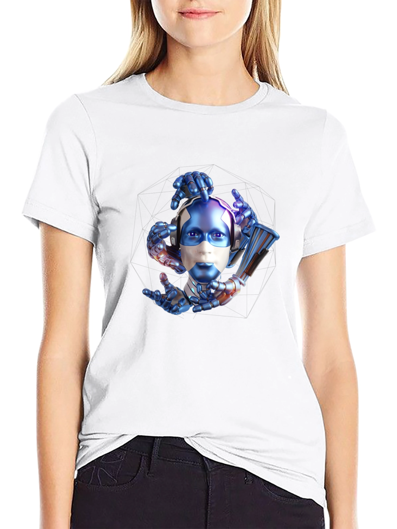 Camiseta Negra con Estampado Futurista de Robot