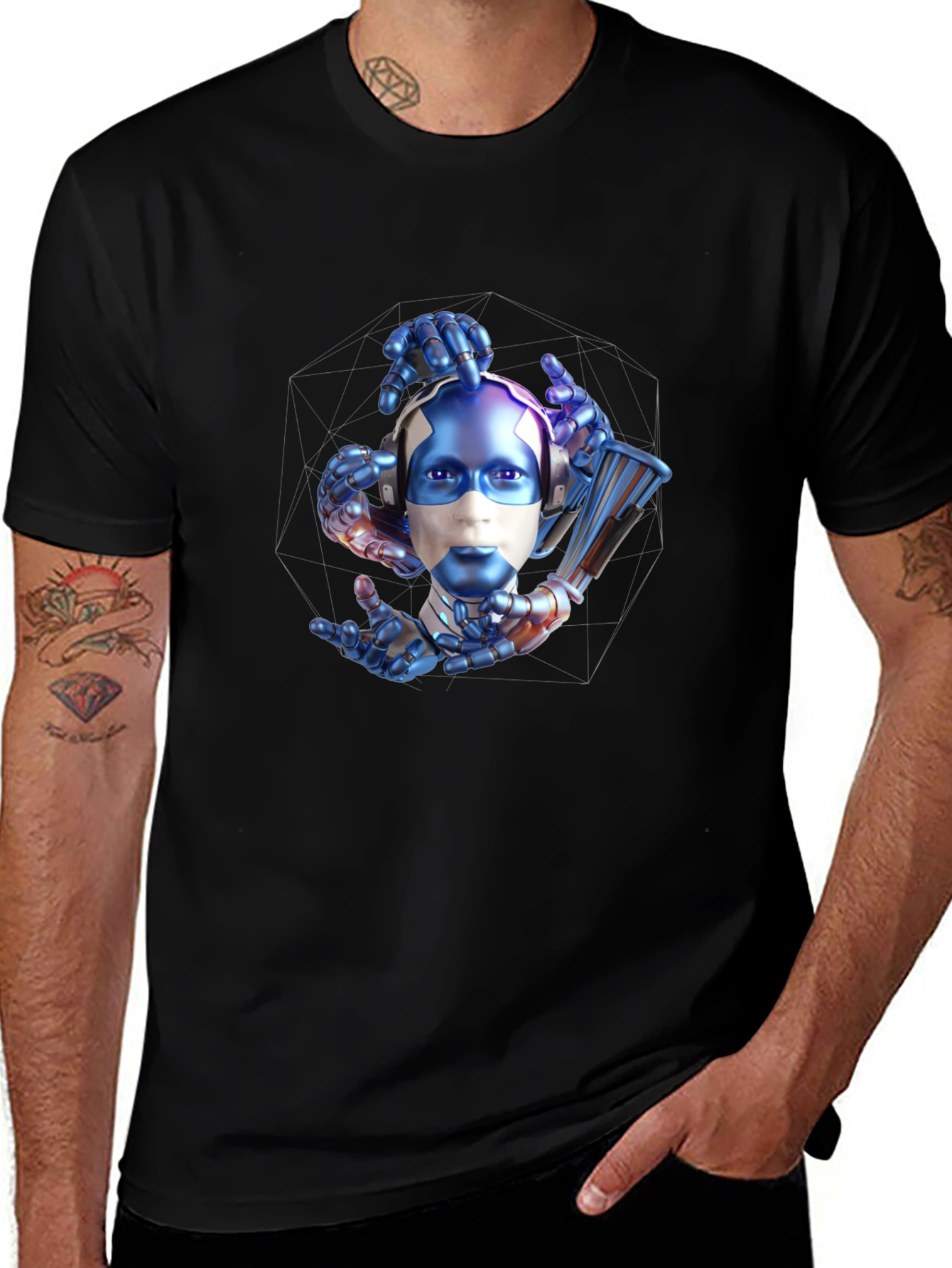 Camiseta Negra con Estampado Futurista de Robot