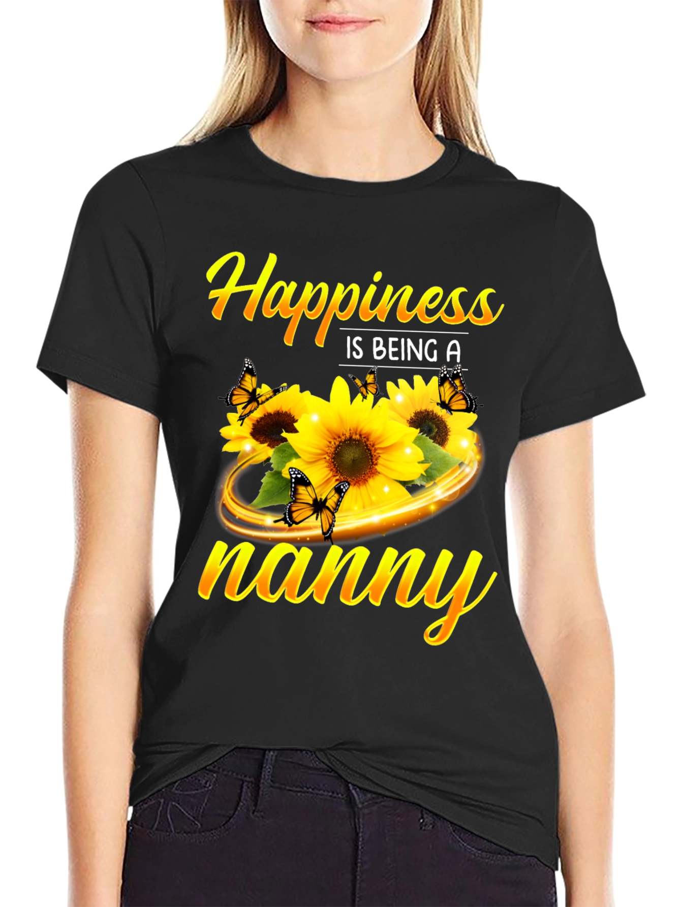 Camiseta Negra Happiness is being a nanny Girasoles