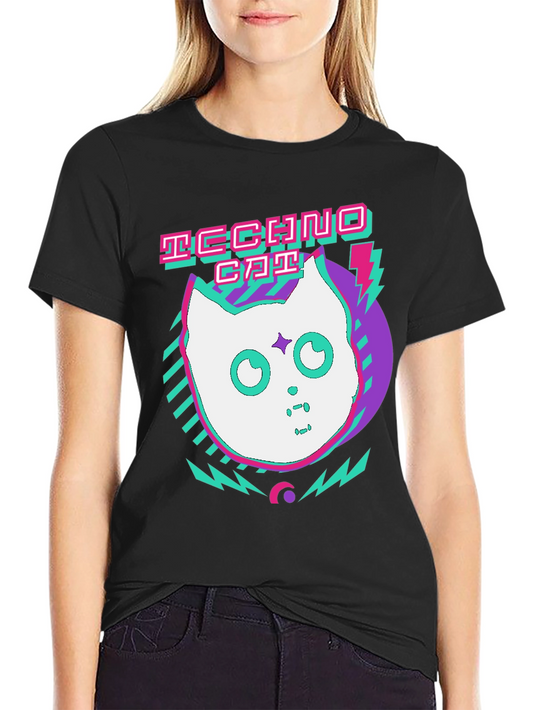 Camiseta Negra Techno Cat Diseño Retro