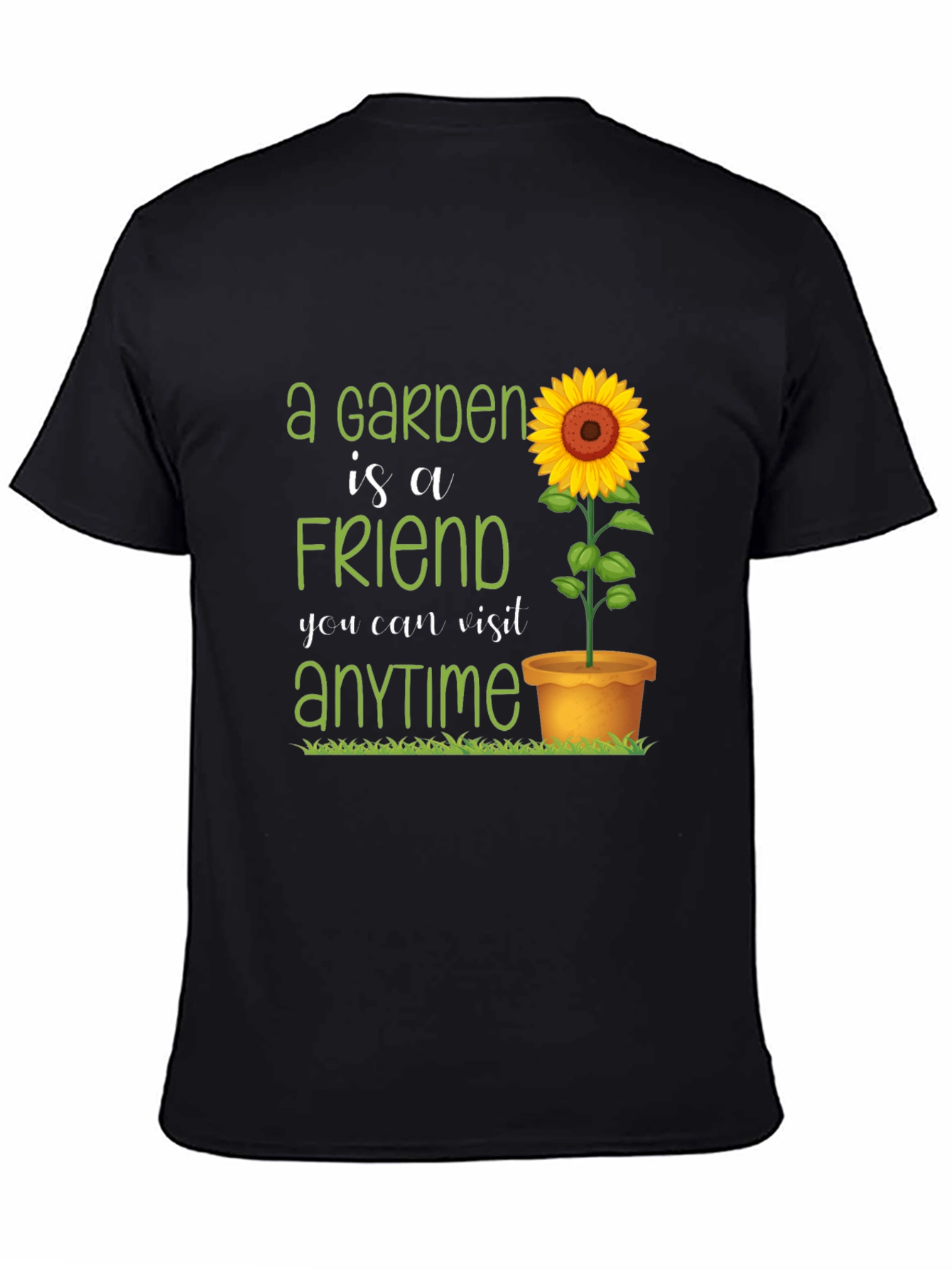 Camiseta Negra con Diseño de Jardín y Girasol