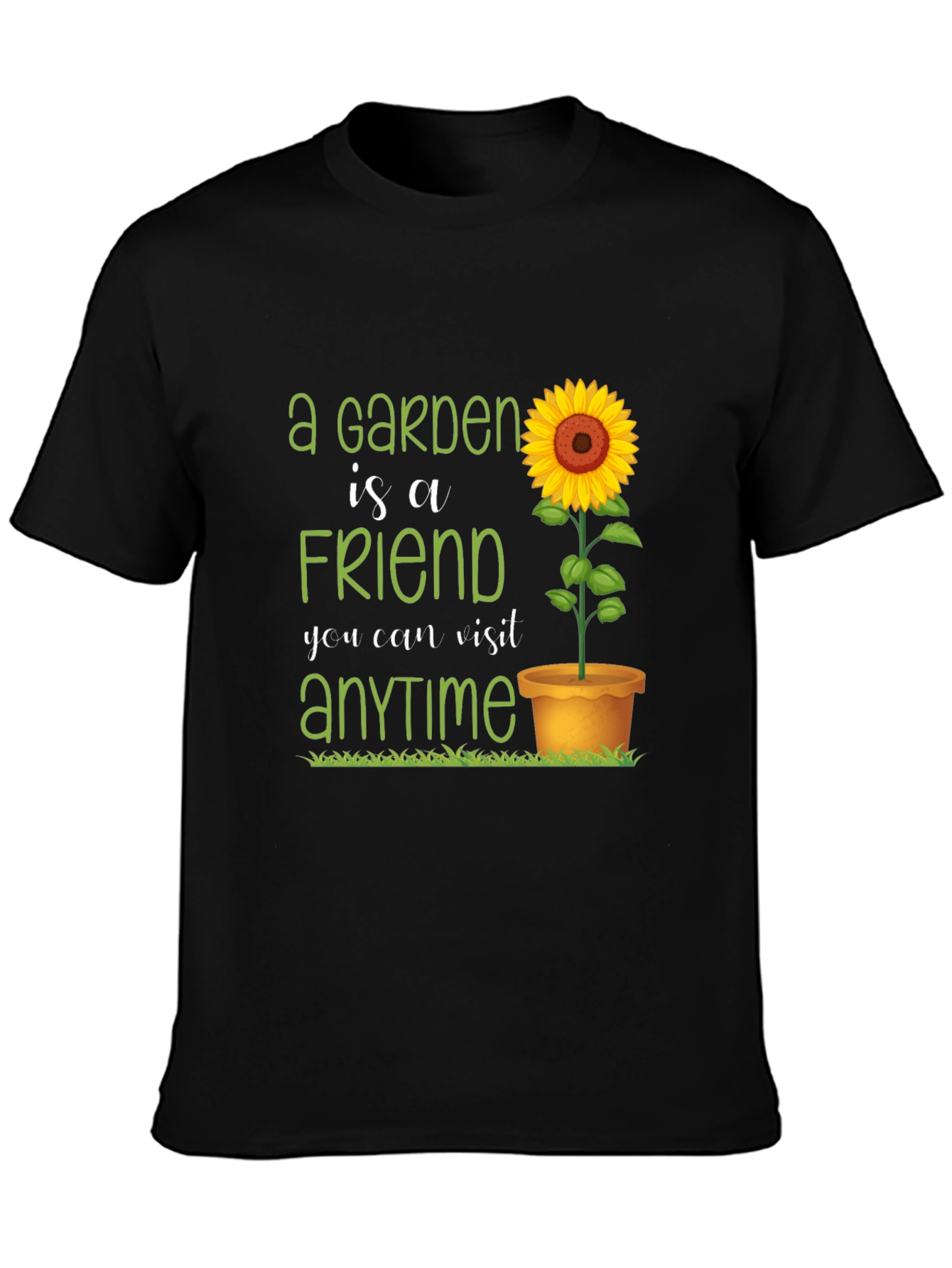 Camiseta Negra con Diseño de Jardín y Girasol