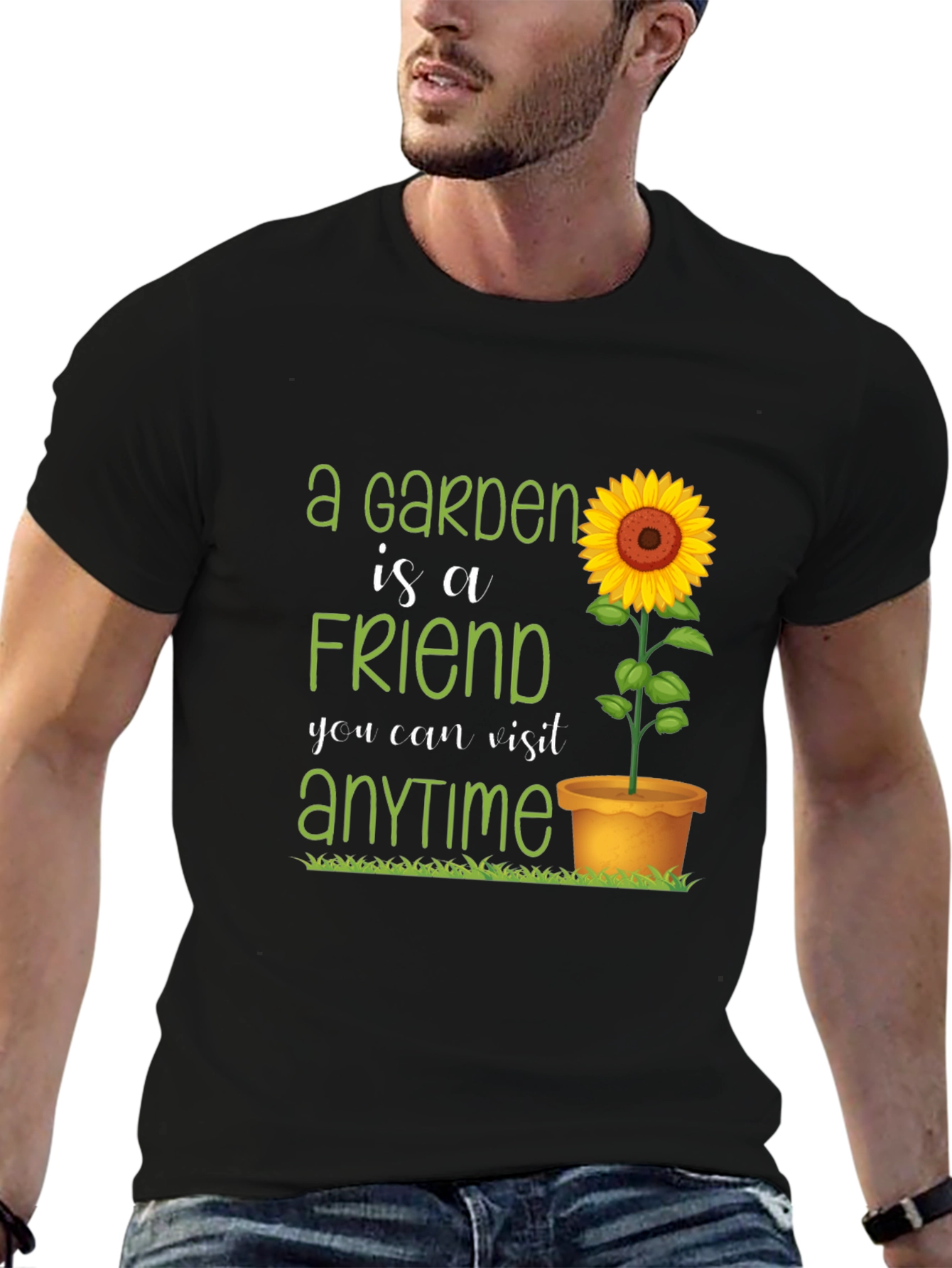 Camiseta Negra con Diseño de Jardín y Girasol