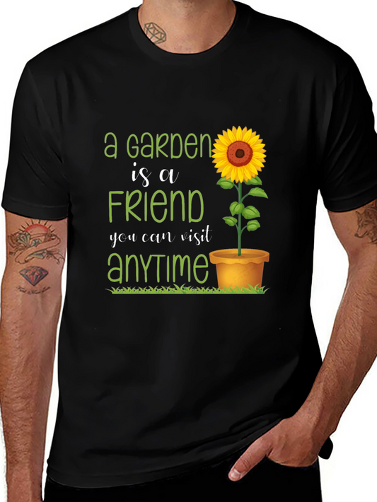 Camiseta Negra con Diseño de Jardín y Girasol