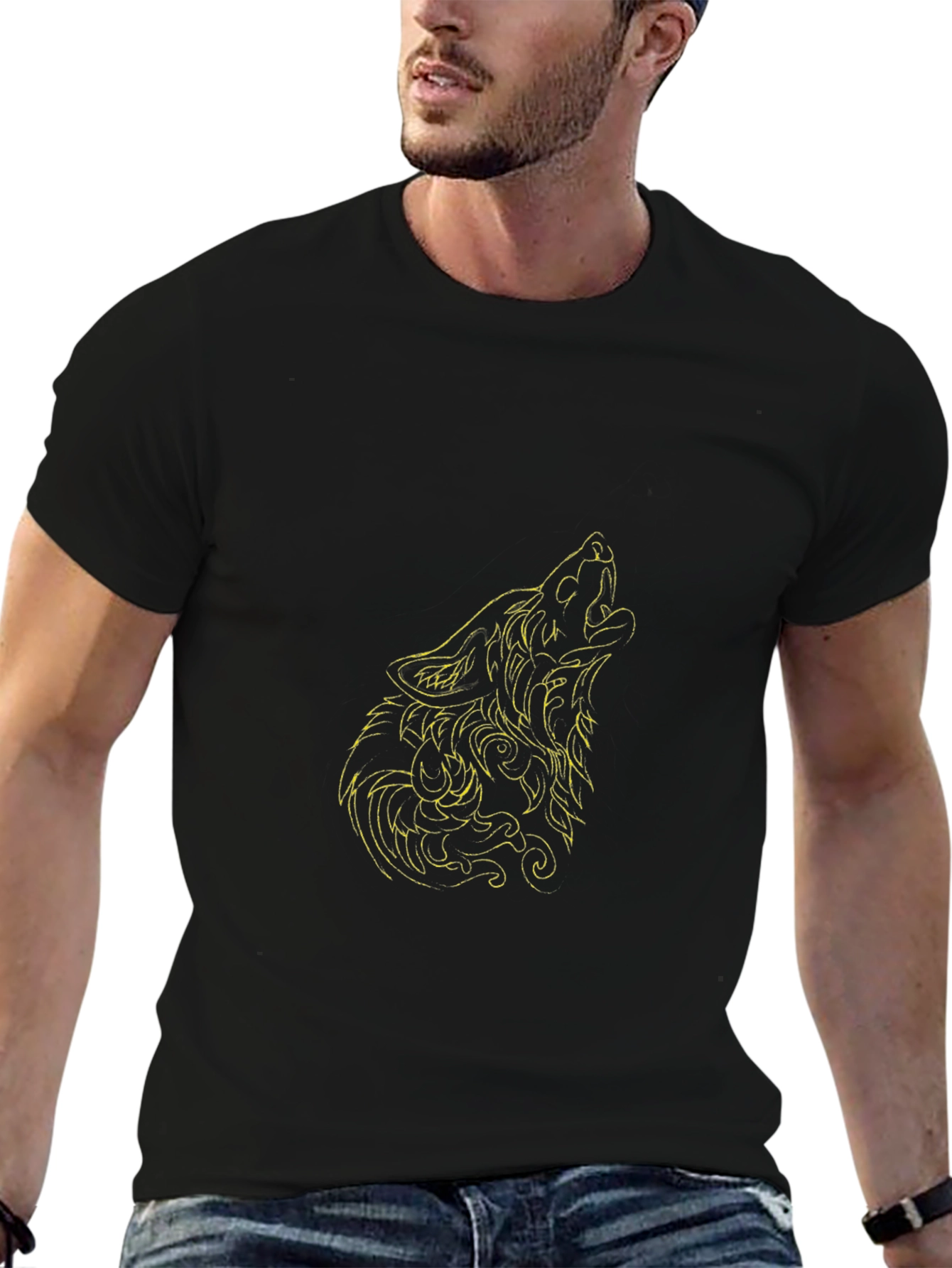 Camiseta Negra Hombre Lobo Aullando Diseño Único