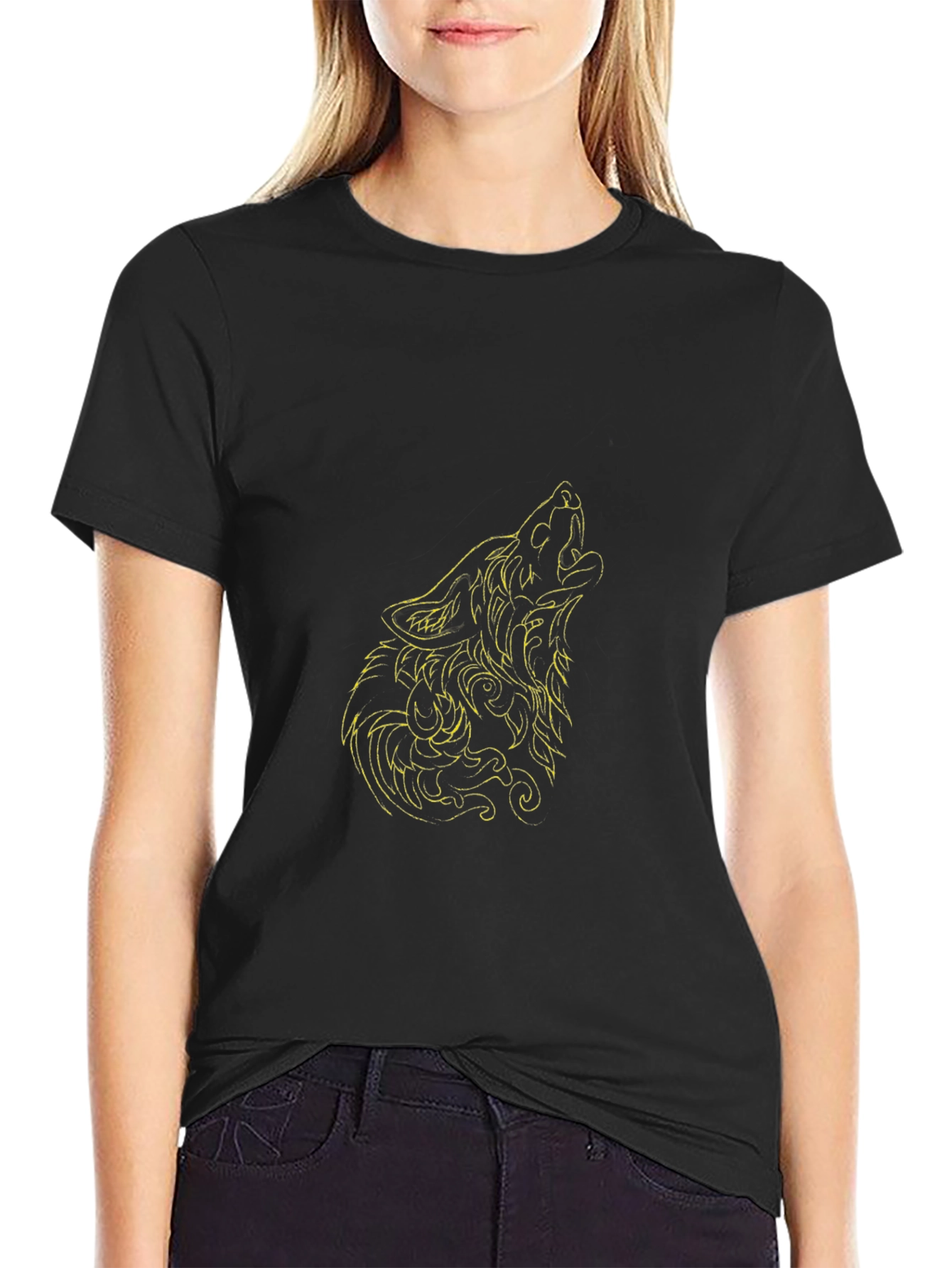 Camiseta Negra Hombre Lobo Aullando Diseño Único