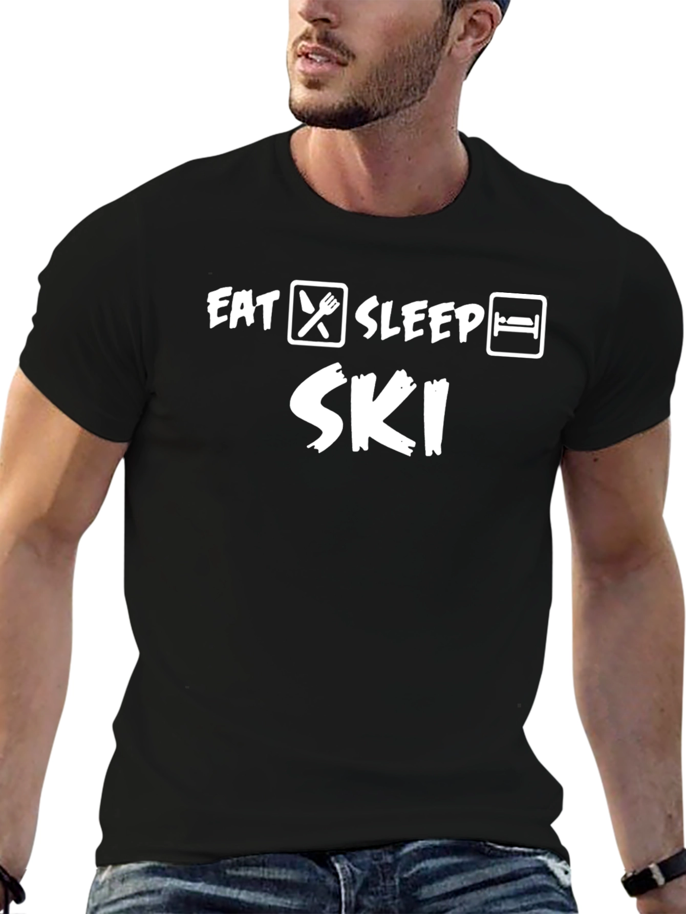 Camiseta Negra Eat Sleep Ski para Amantes del Esquí