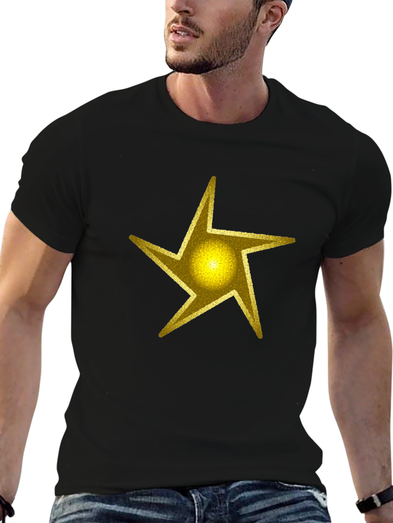 Camiseta Negra Estrella Dorada Hombre Casual