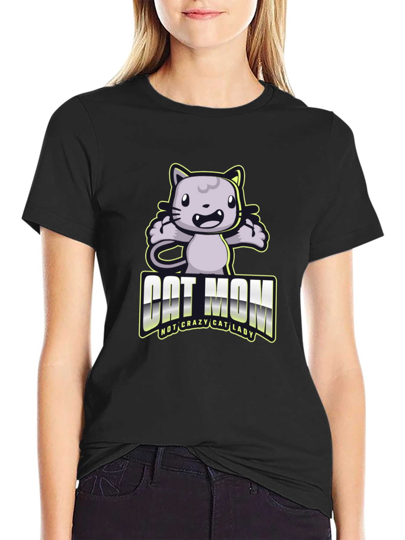 Camiseta Negra Cat Mom Divertida