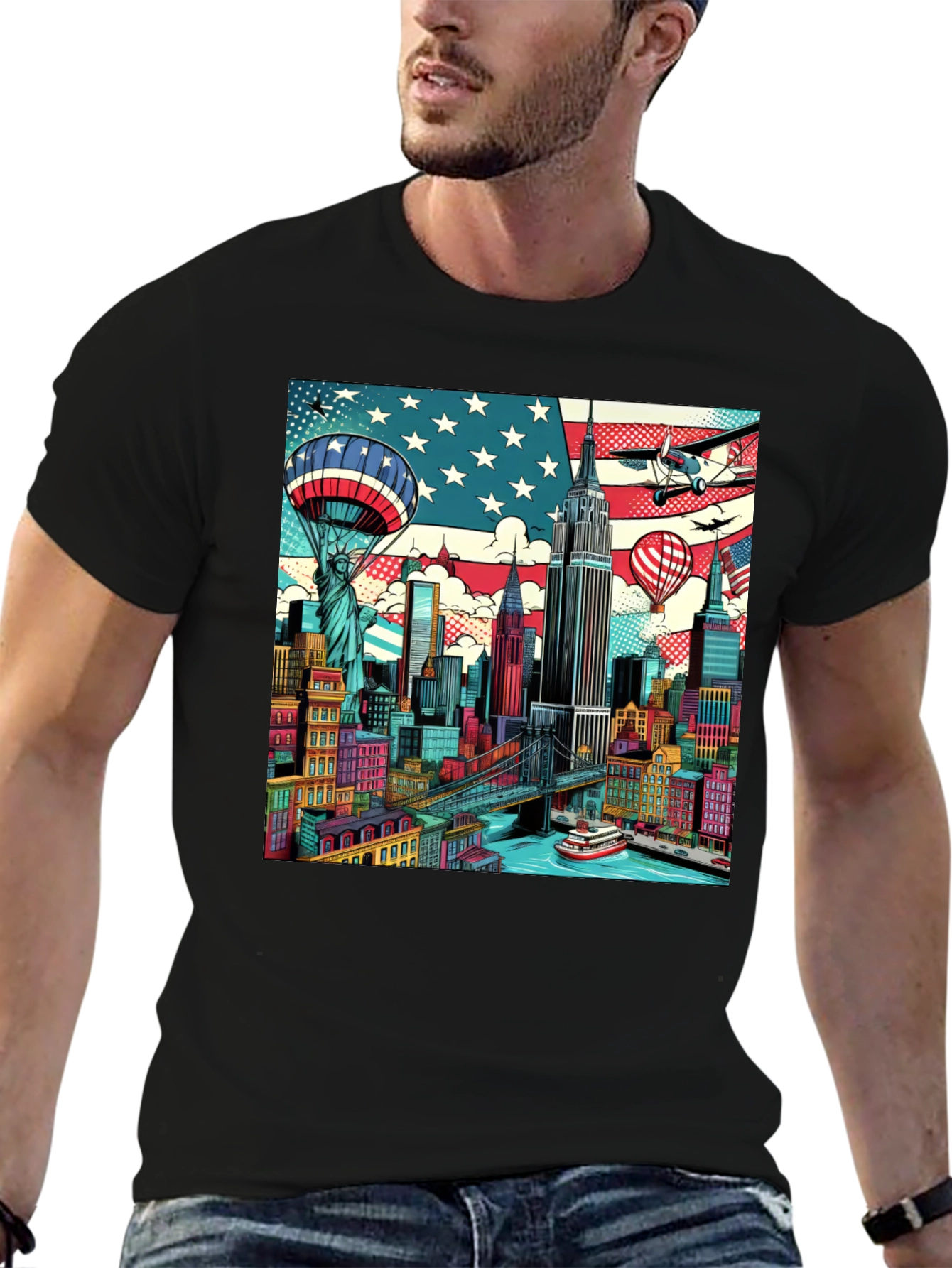 Camiseta Negra con Diseño Urbano Estadounidense