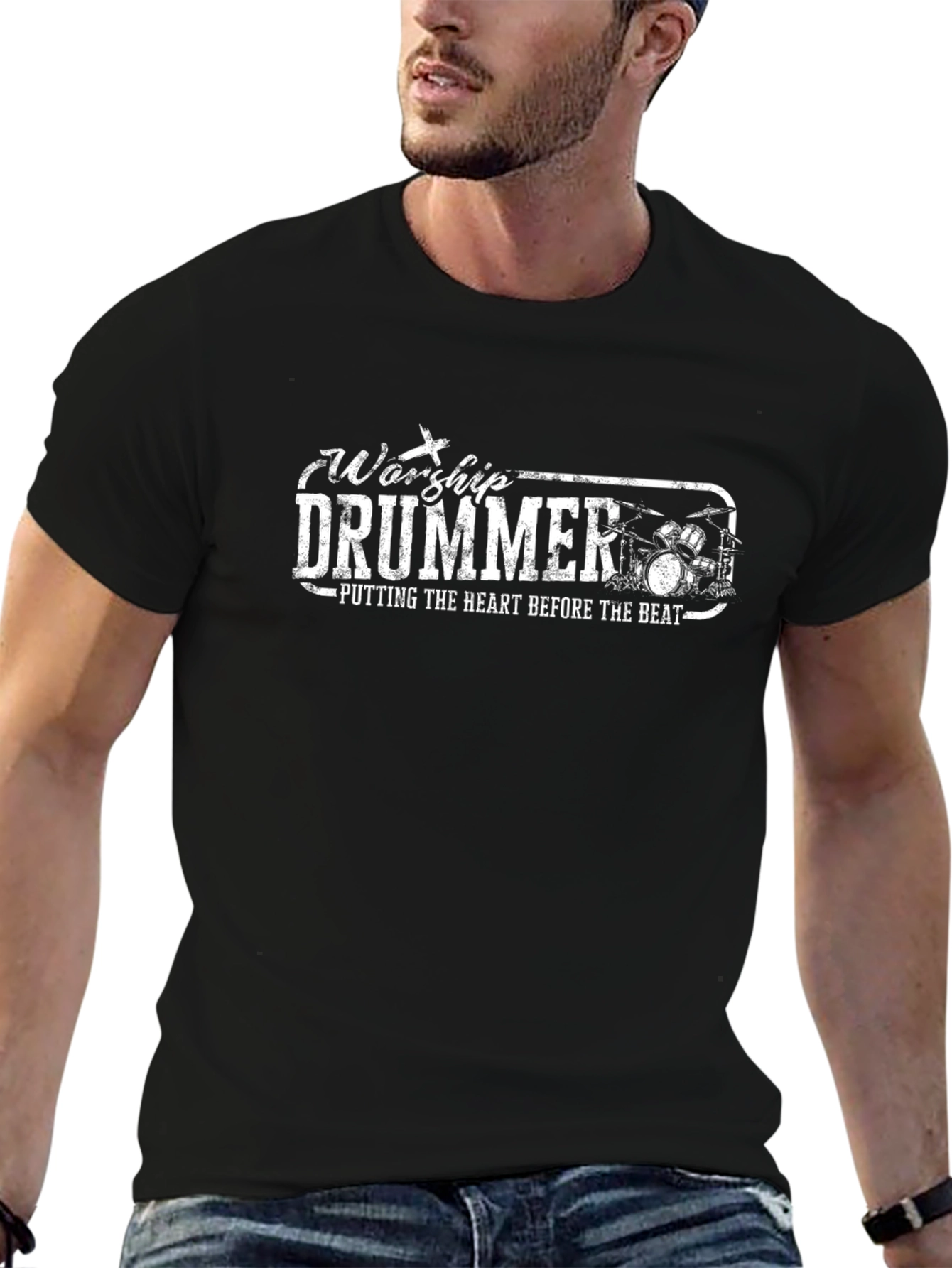 Camiseta Negra Worship Drummer Para Músicos Cristianos