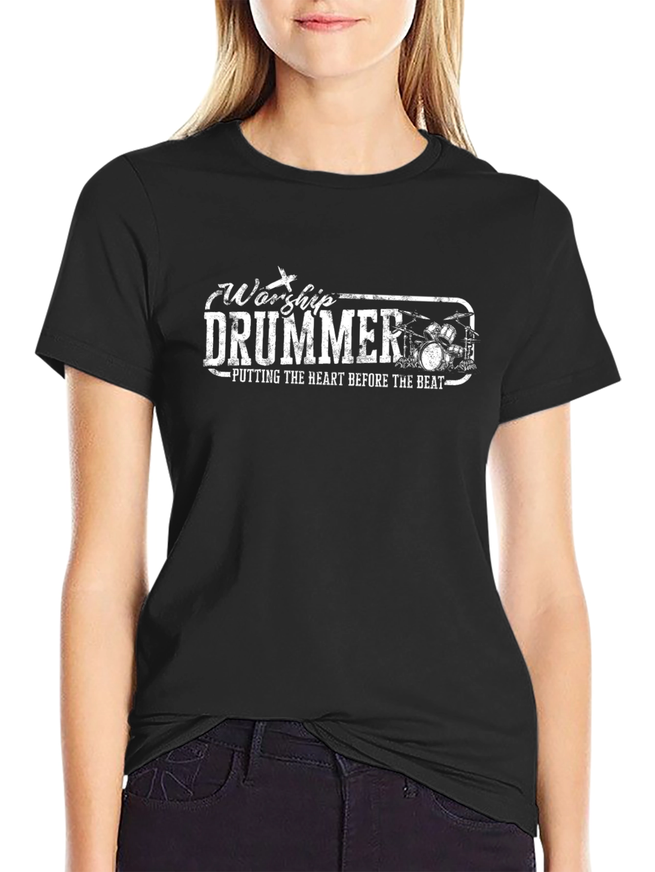 Camiseta Negra Worship Drummer Para Músicos Cristianos