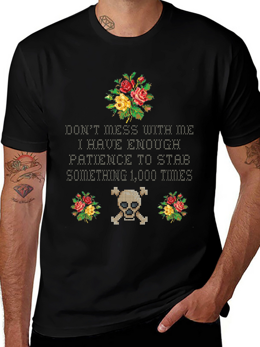 Camiseta Negra Humorística con Diseño Floral y Calavera