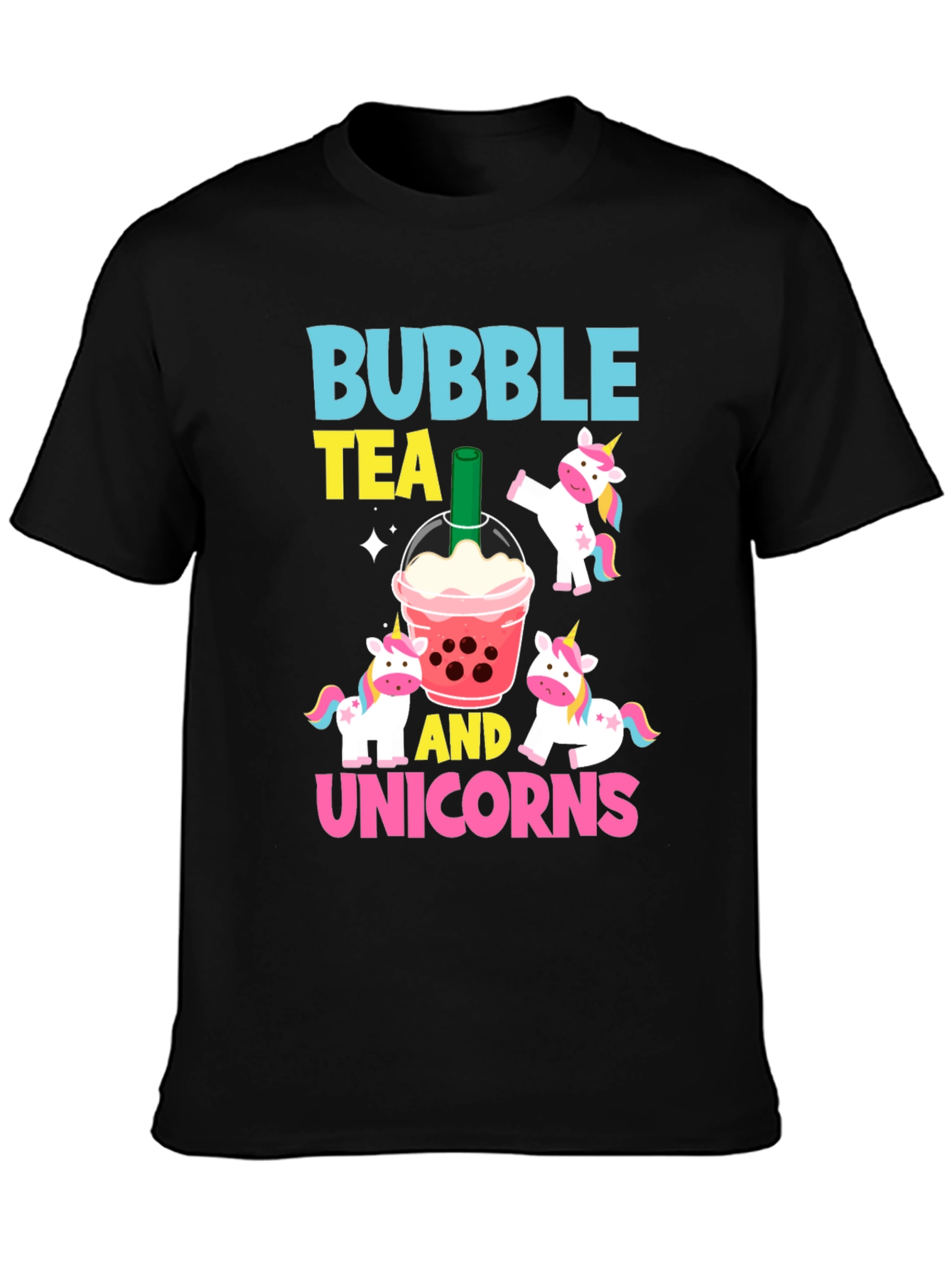 Camiseta Negra Bubble Tea y Unicornios