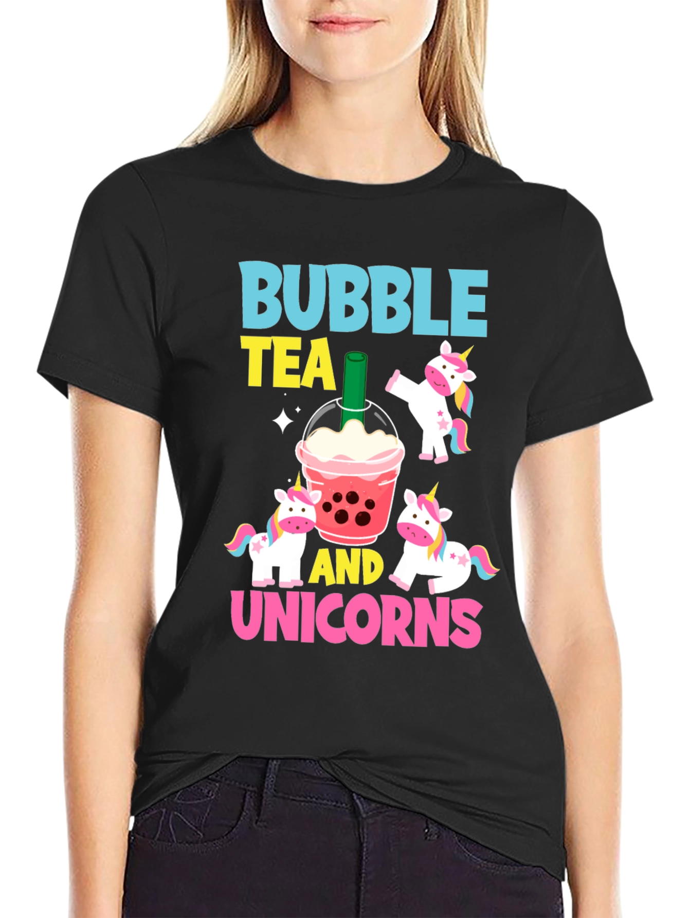 Camiseta Negra Bubble Tea y Unicornios