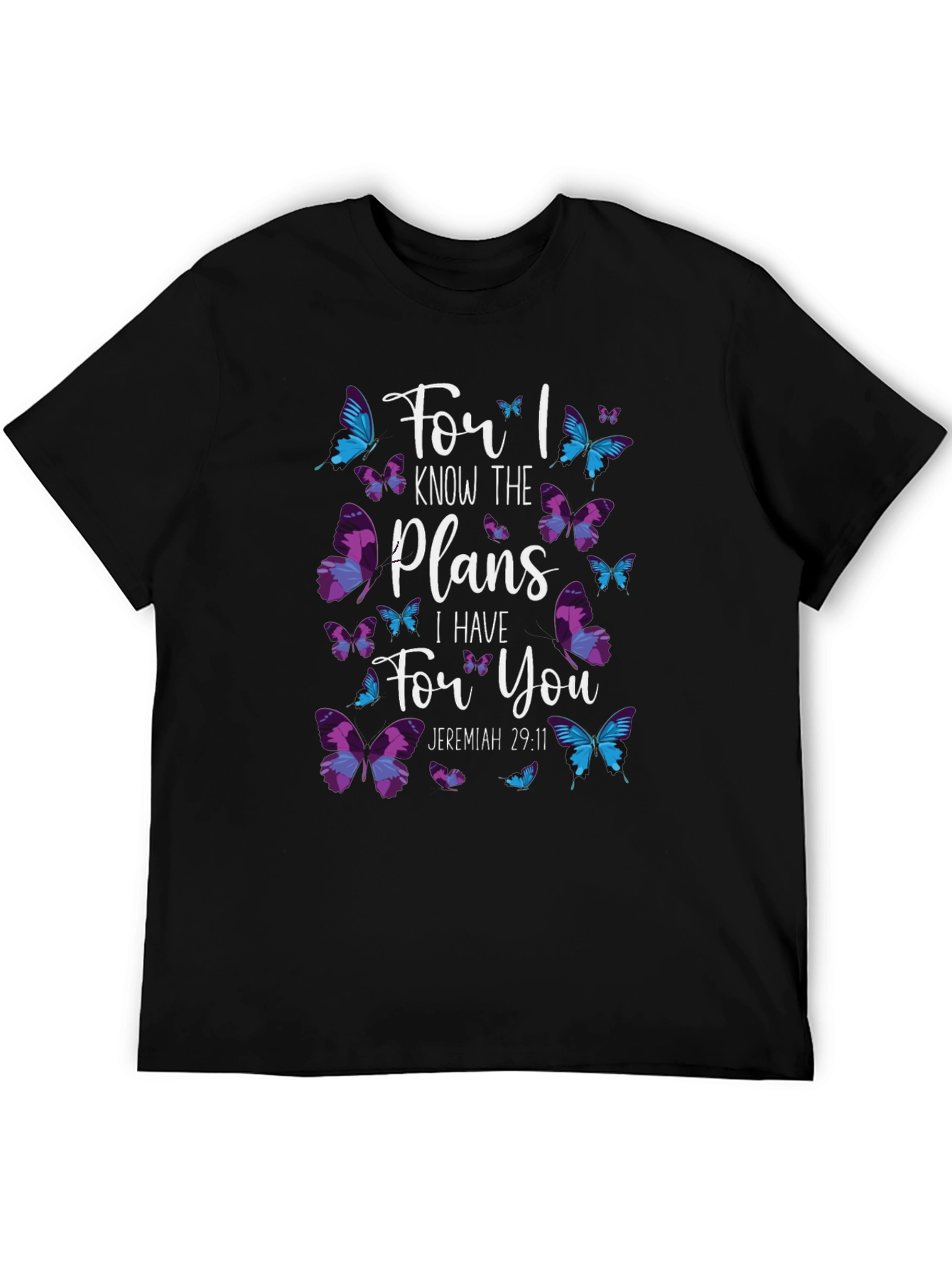 Camiseta Negra con Diseño de Mariposas y Versículo Bíblico