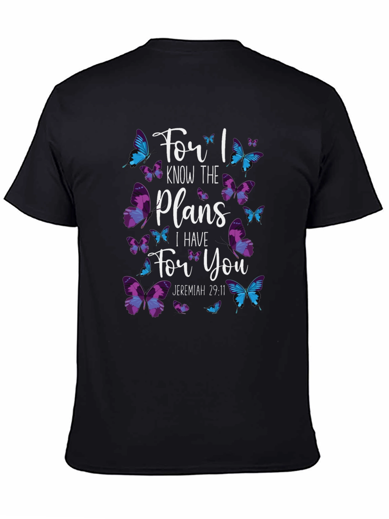 Camiseta Negra con Diseño de Mariposas y Versículo Bíblico