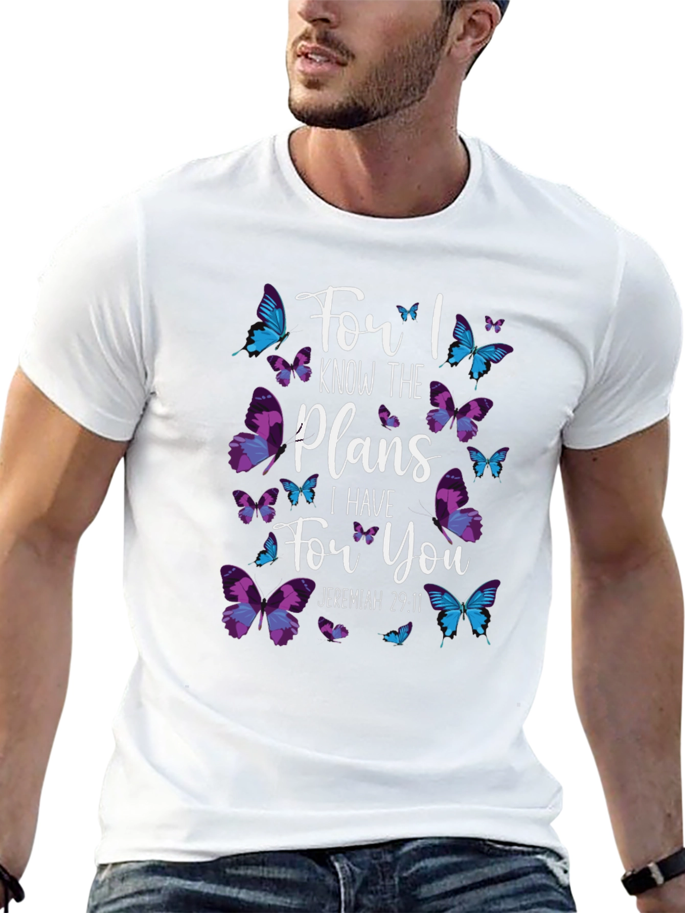Camiseta Negra con Diseño de Mariposas y Versículo Bíblico