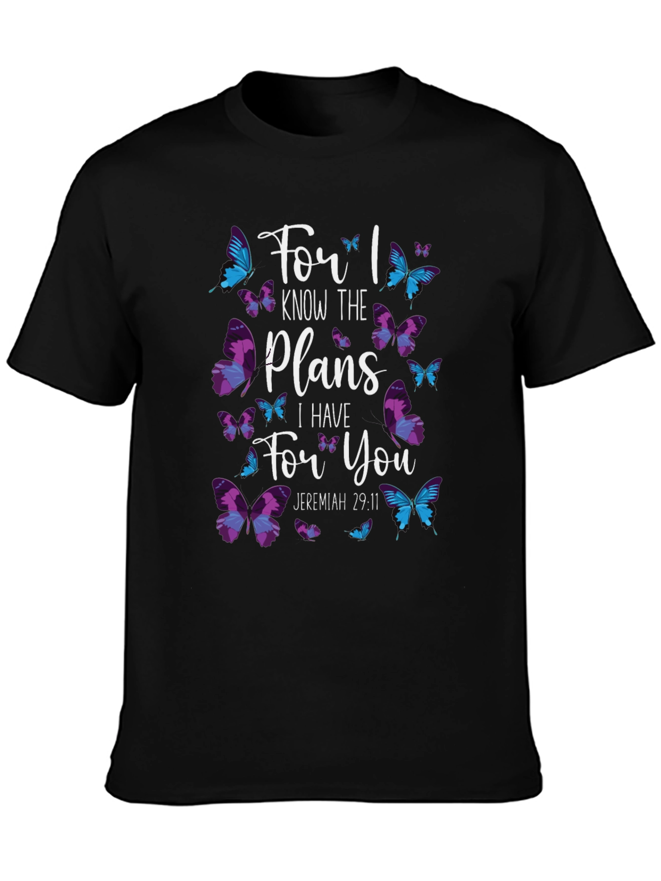 Camiseta Negra con Diseño de Mariposas y Versículo Bíblico