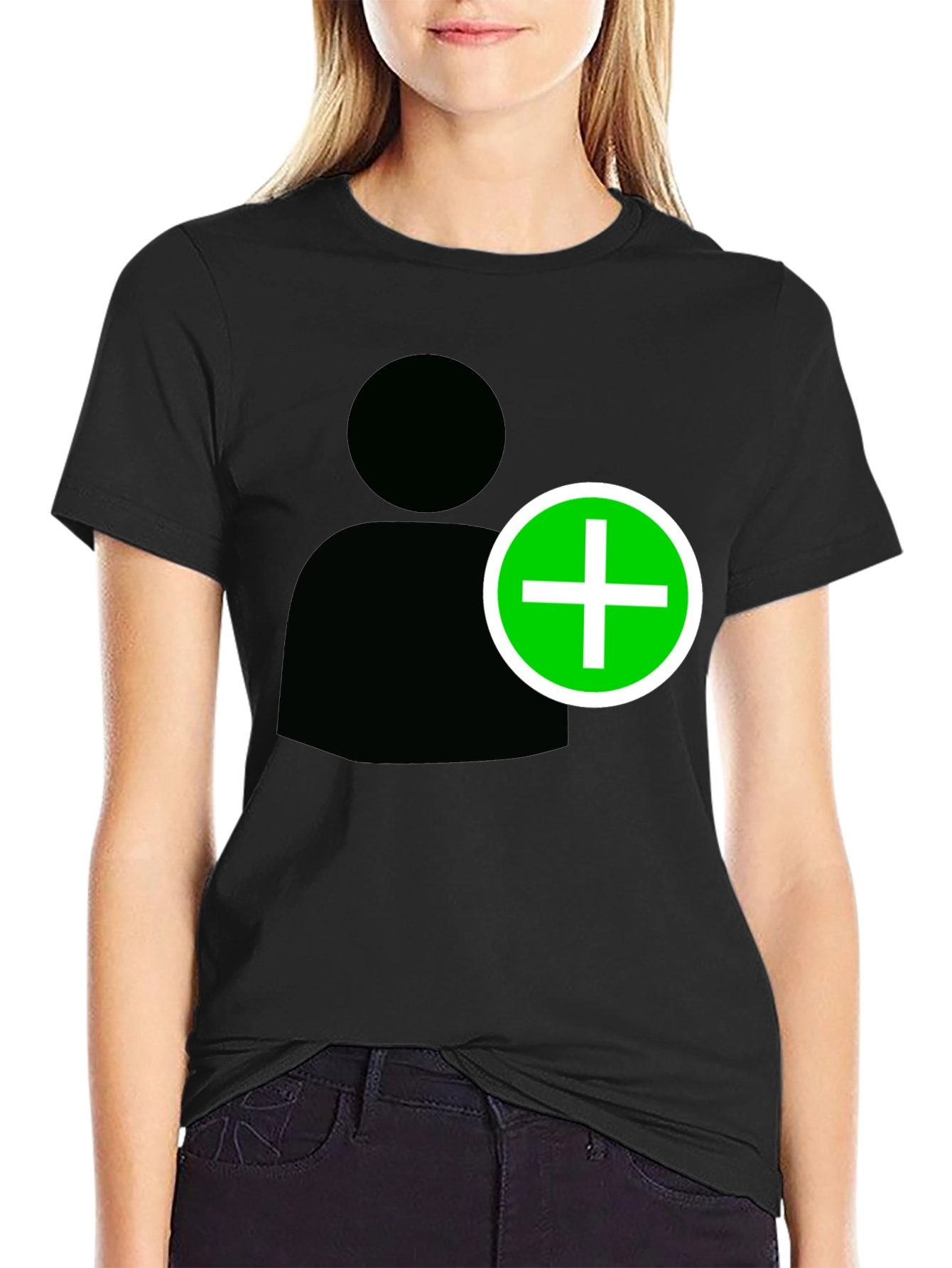 Camiseta Negra con Icono de Usuario y Signo Más