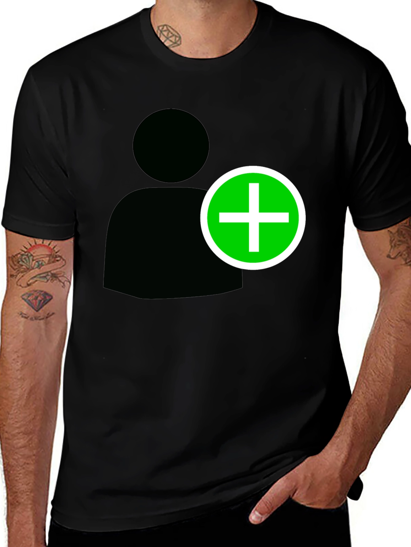Camiseta Negra con Icono de Usuario y Signo Más