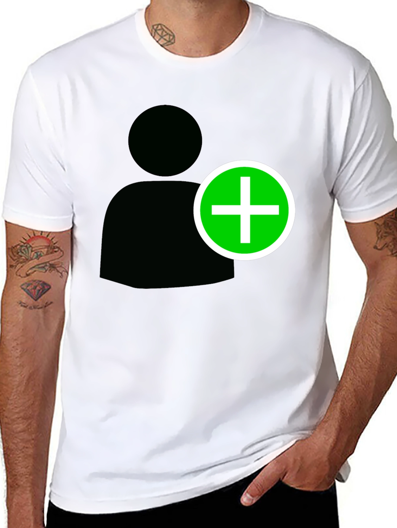 Camiseta Negra con Icono de Usuario y Signo Más