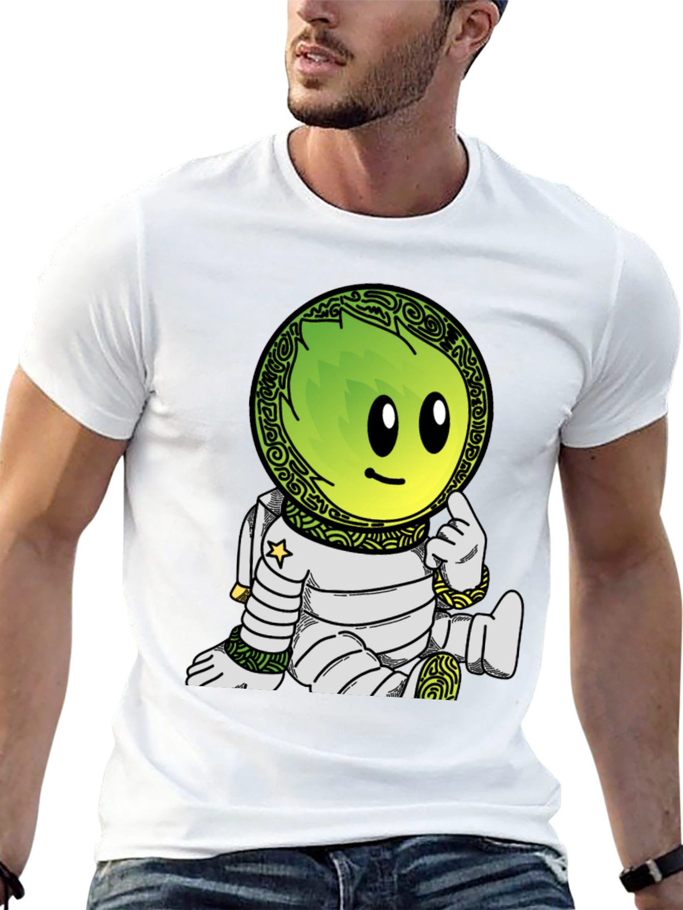 Camiseta Negra con Dibujo de Astronauta Verde