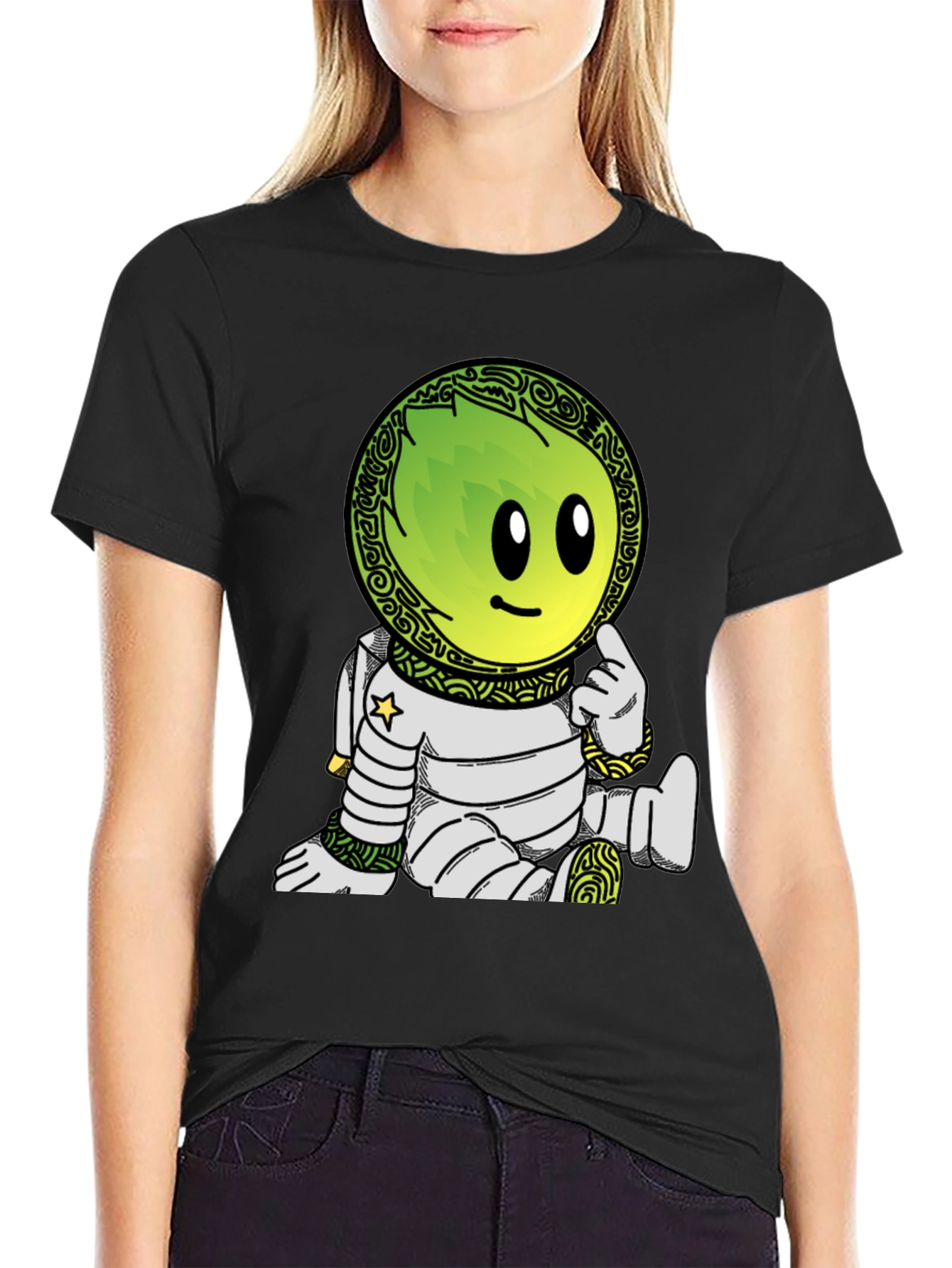 Camiseta Negra con Dibujo de Astronauta Verde