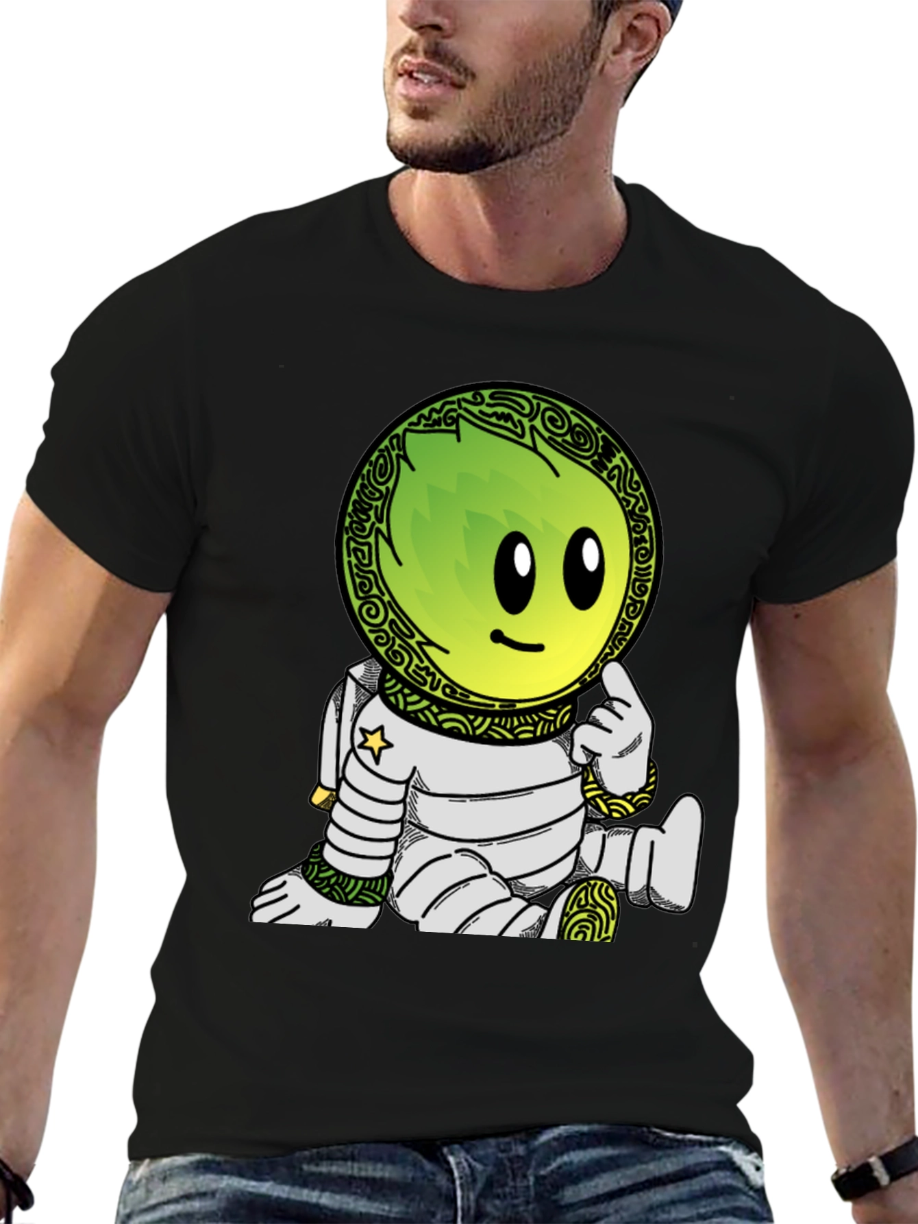Camiseta Negra con Dibujo de Astronauta Verde