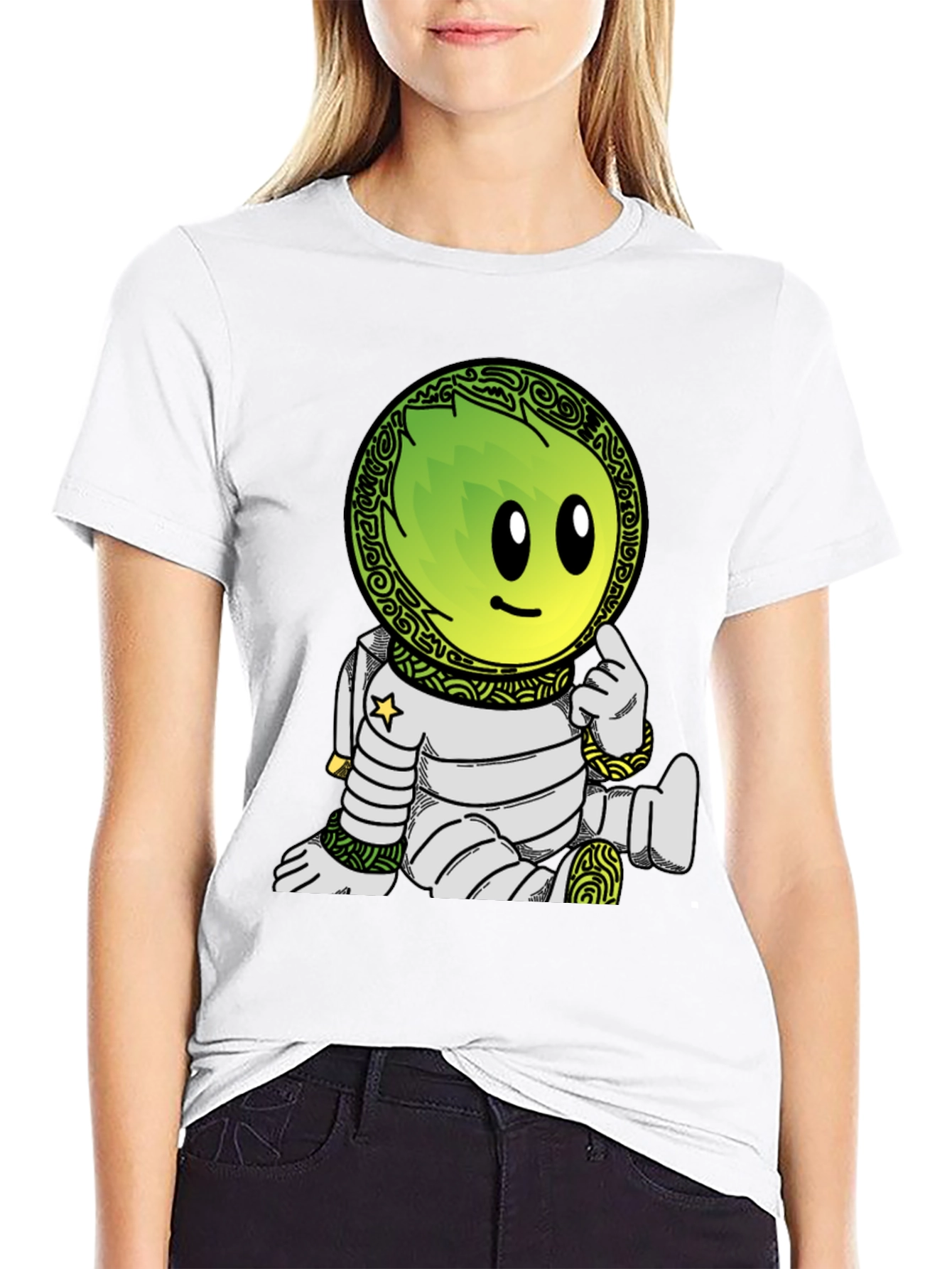 Camiseta Negra con Dibujo de Astronauta Verde