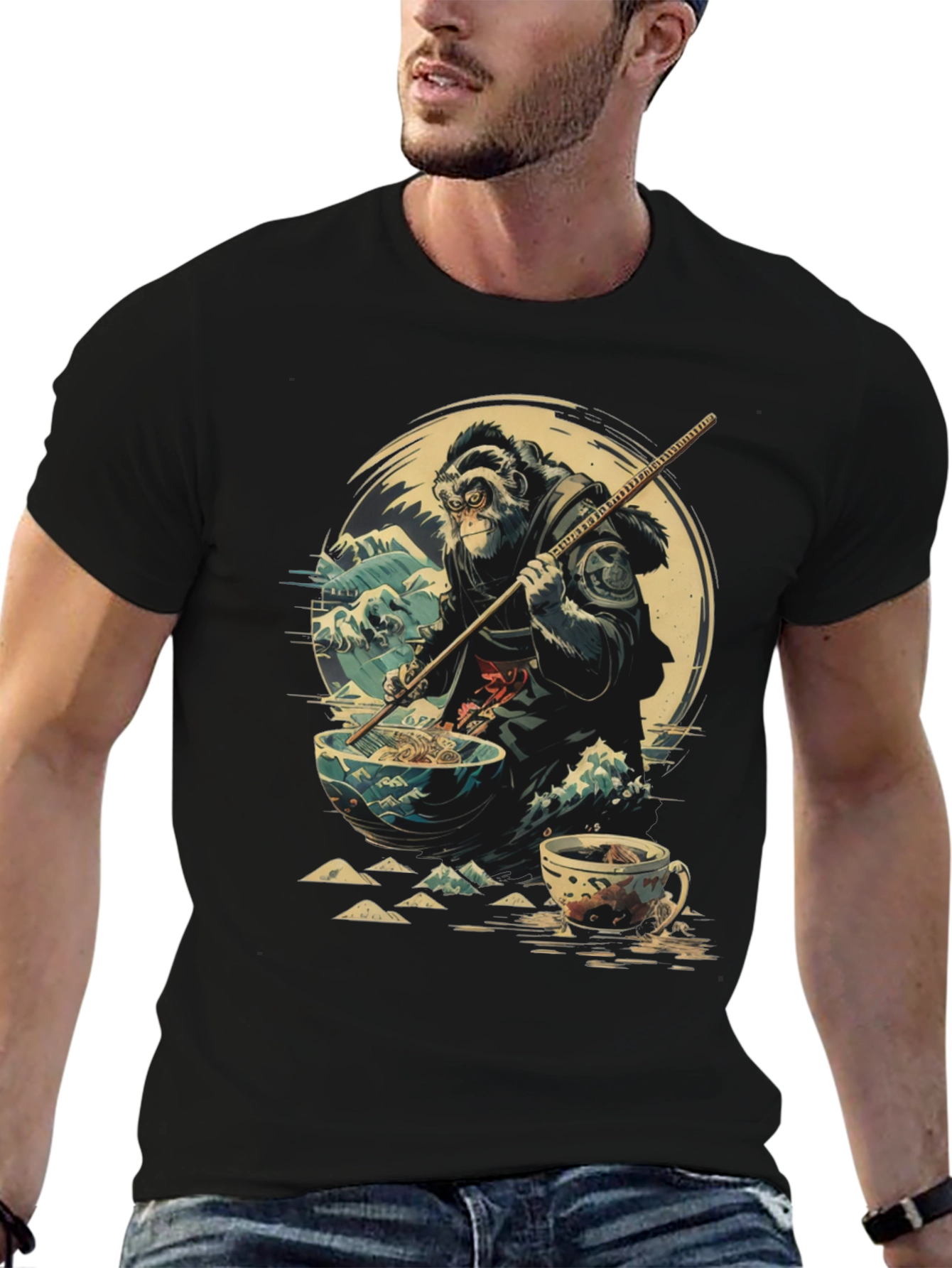 Camiseta Negra Estampada: Mono Samurai Ramen