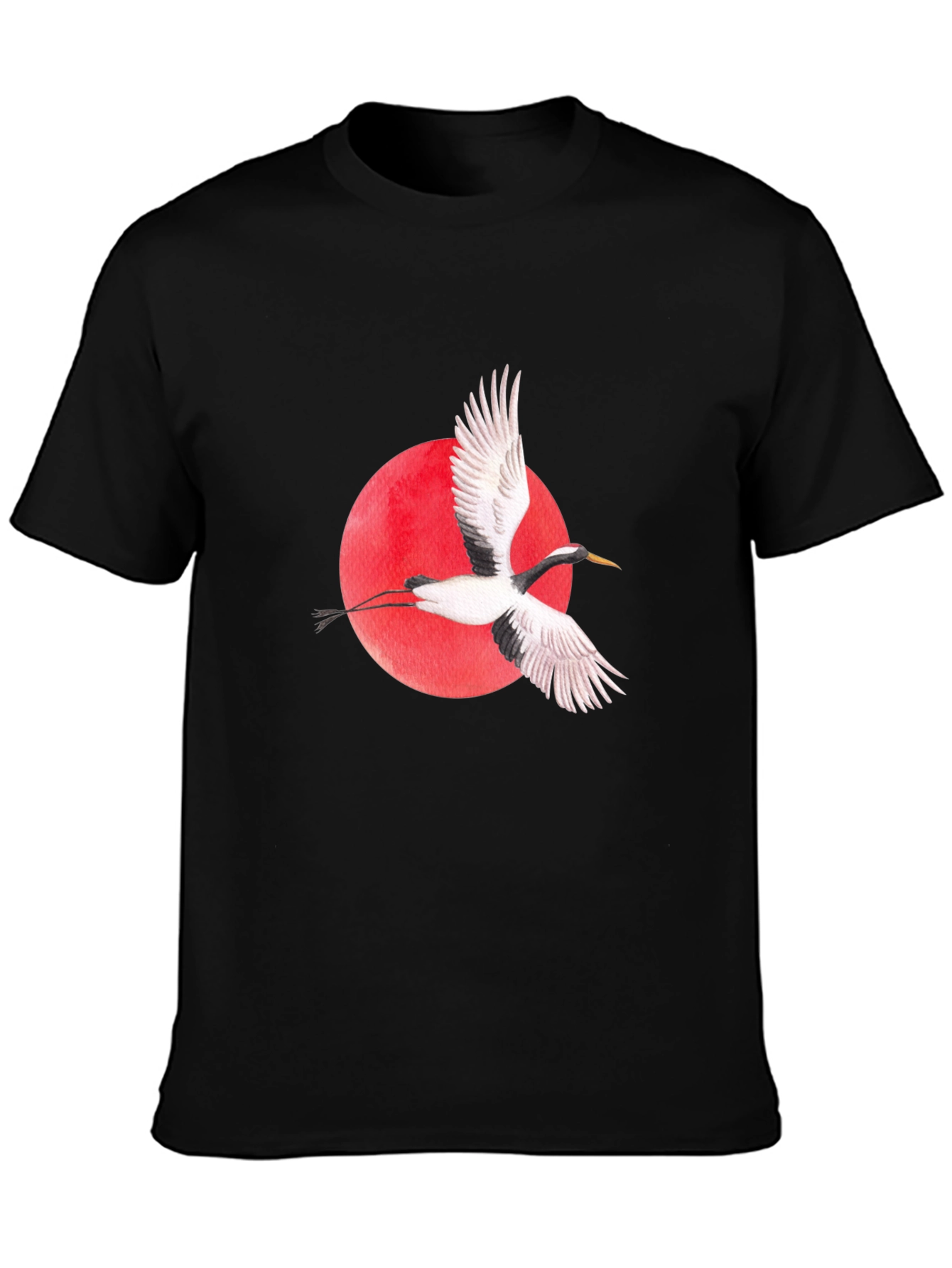 Camiseta Negra con Grulla Japonesa y Sol Rojo