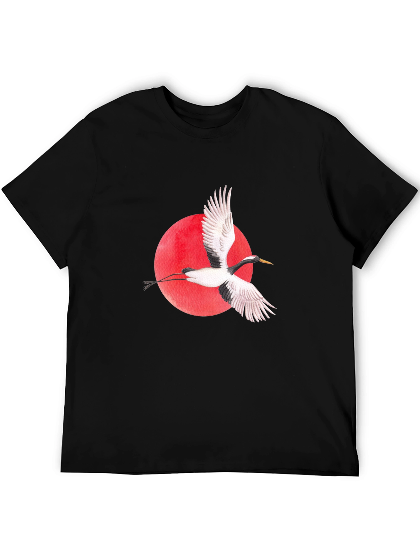 Camiseta Negra con Grulla Japonesa y Sol Rojo