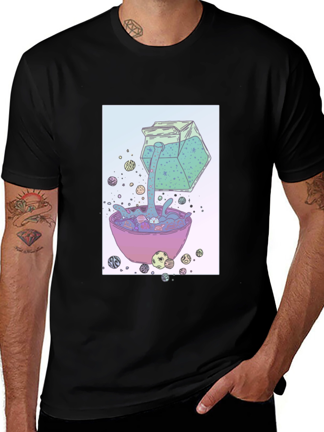 Camiseta Negra con Diseño de Cereal Cósmico