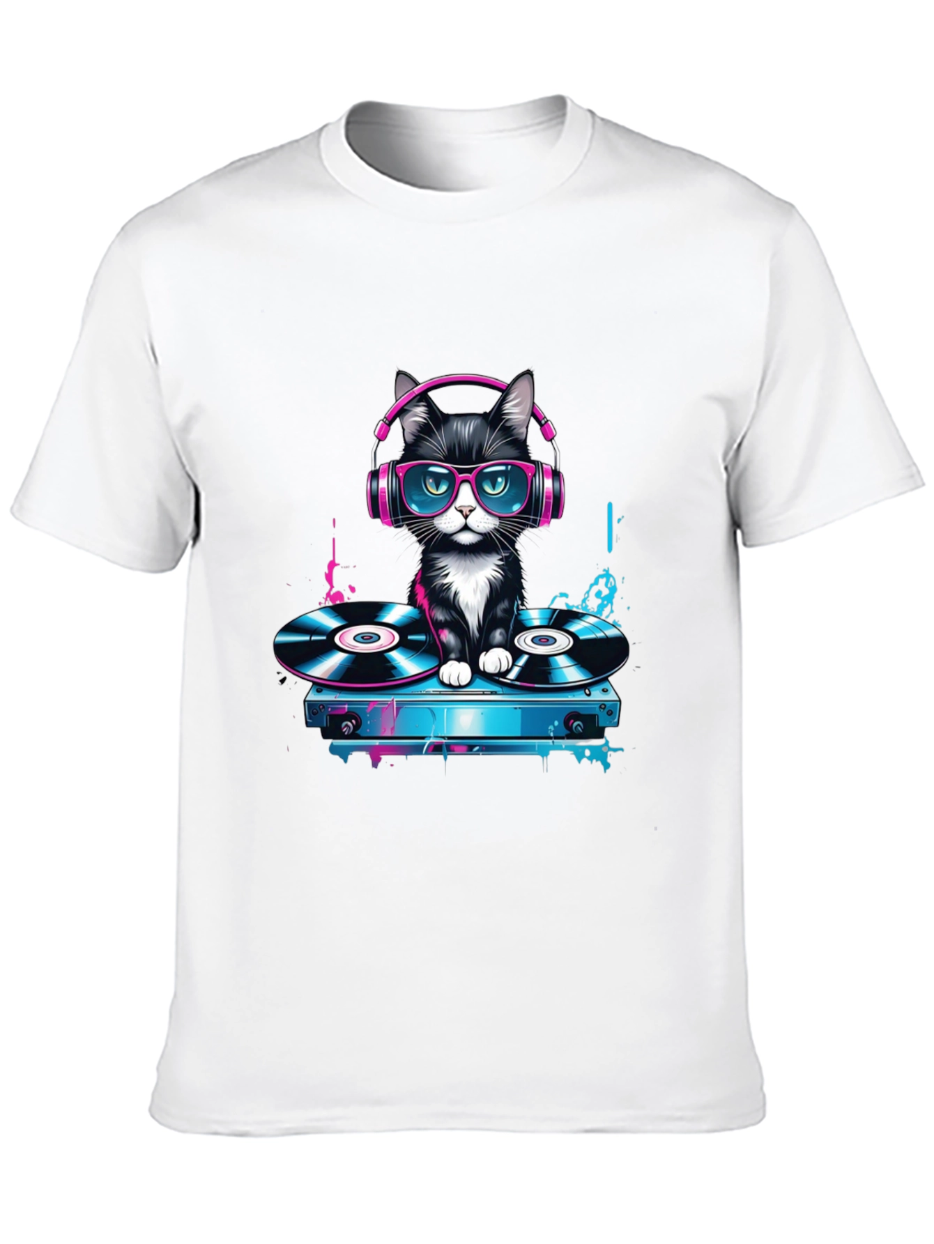 Camiseta Negra con Gato DJ Neón