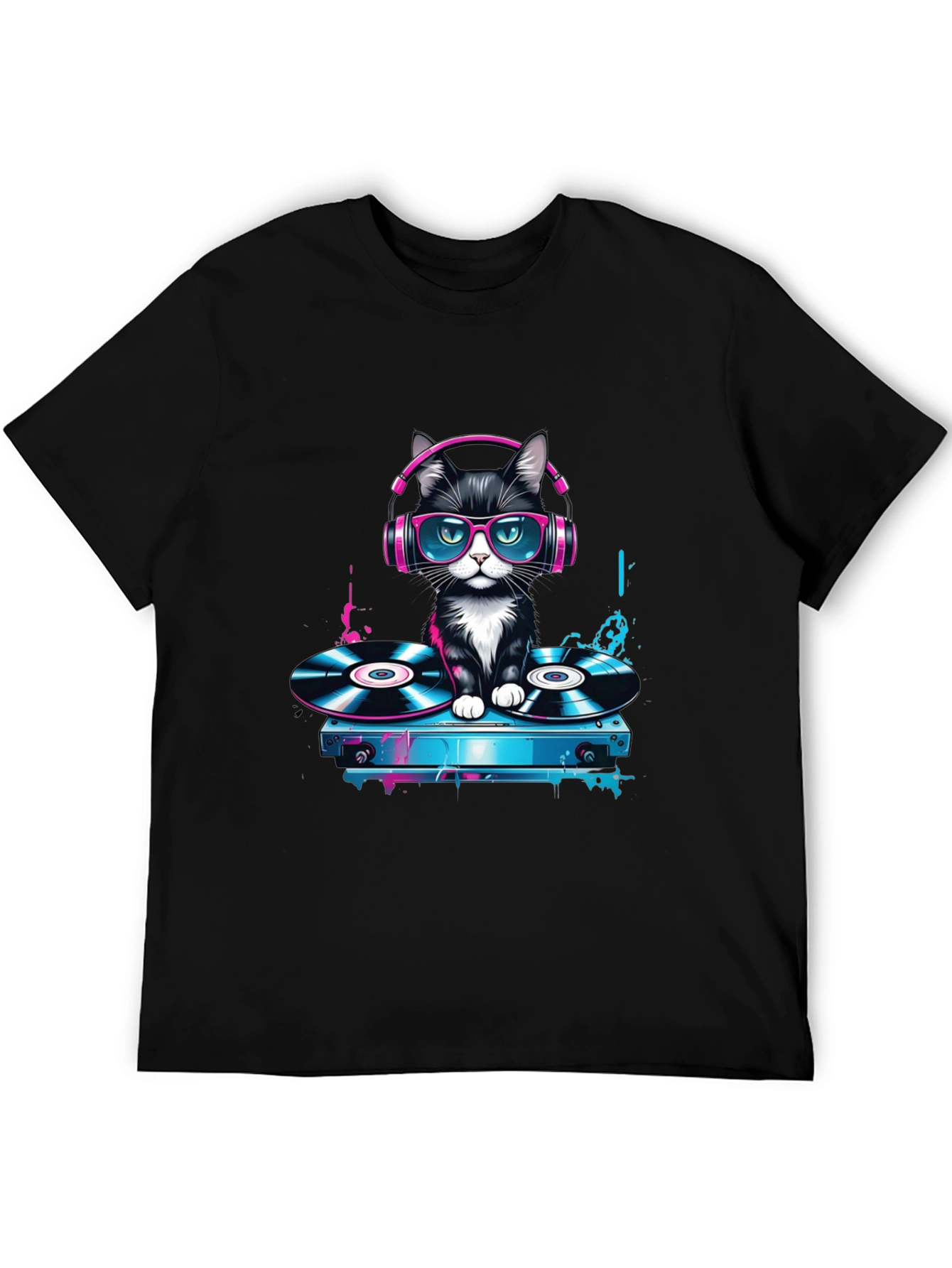 Camiseta Negra con Gato DJ Neón