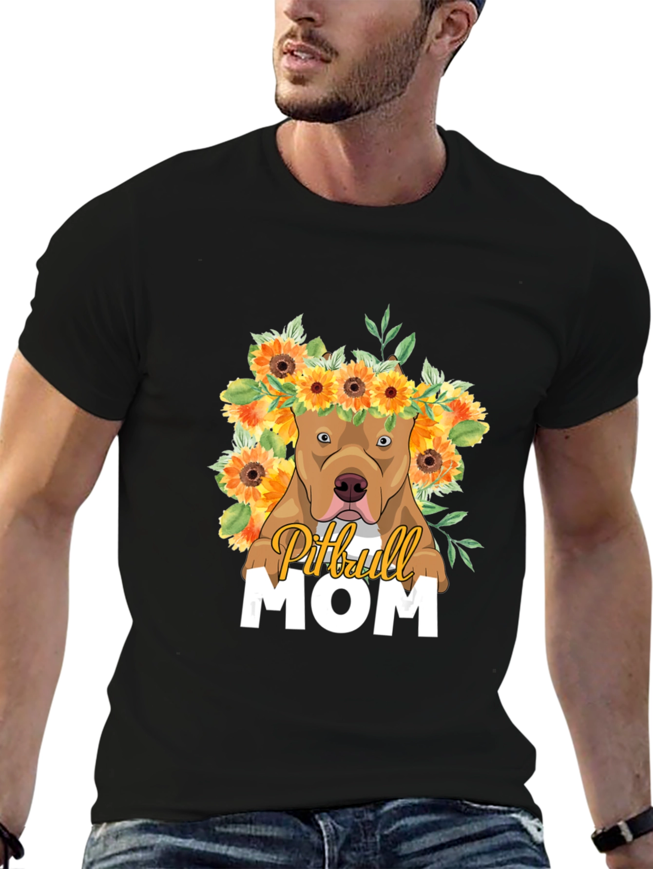 Camiseta Pitbull Mom - Diseño Floral Único