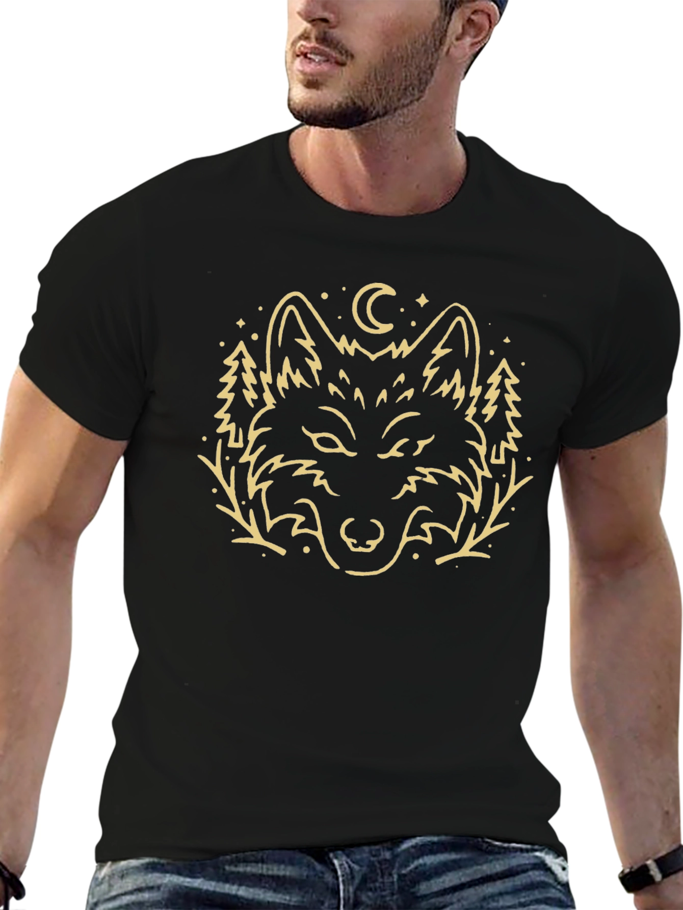 Camiseta Negra con Diseño de Lobo Místico