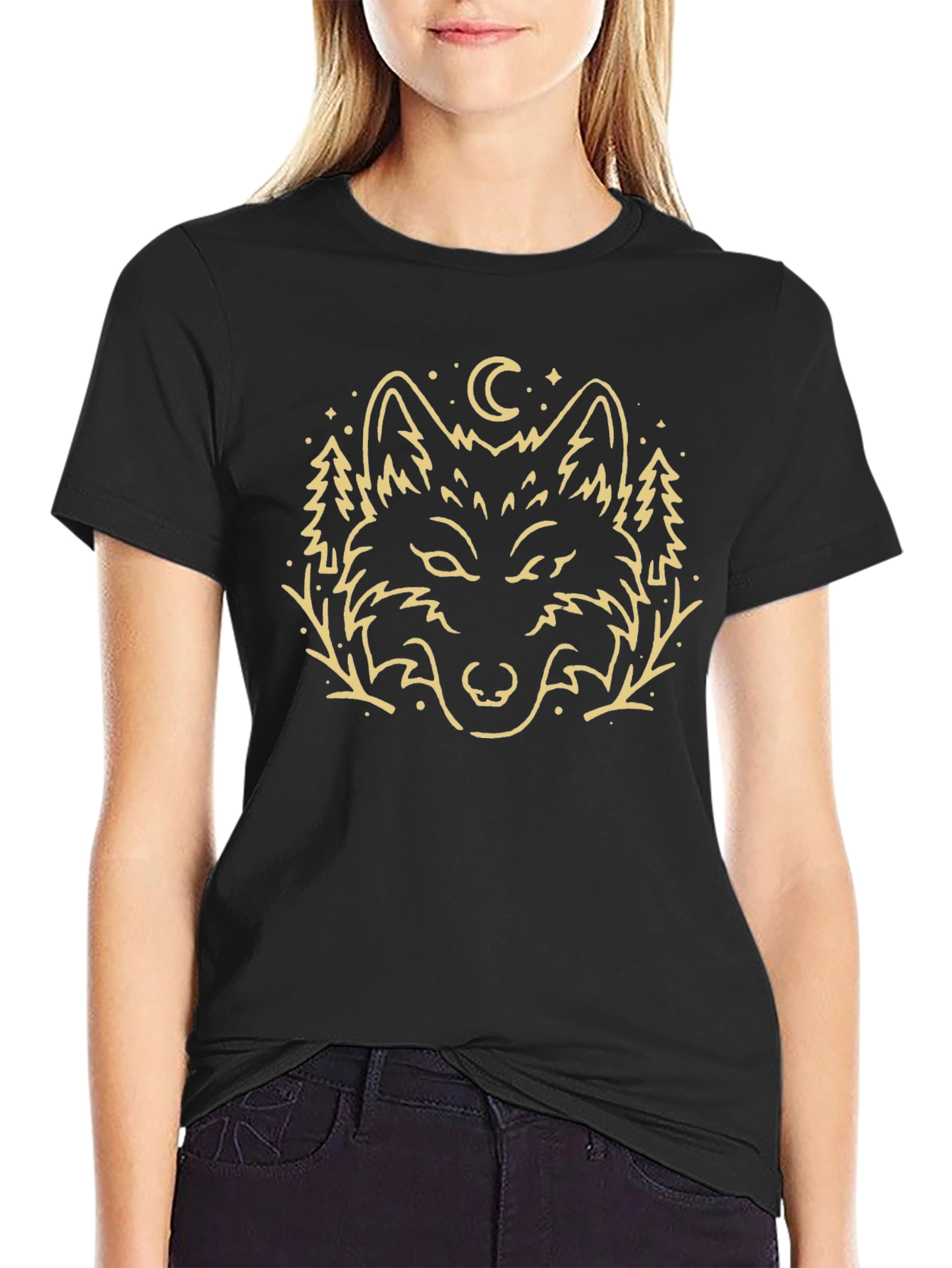 Camiseta Negra con Diseño de Lobo Místico