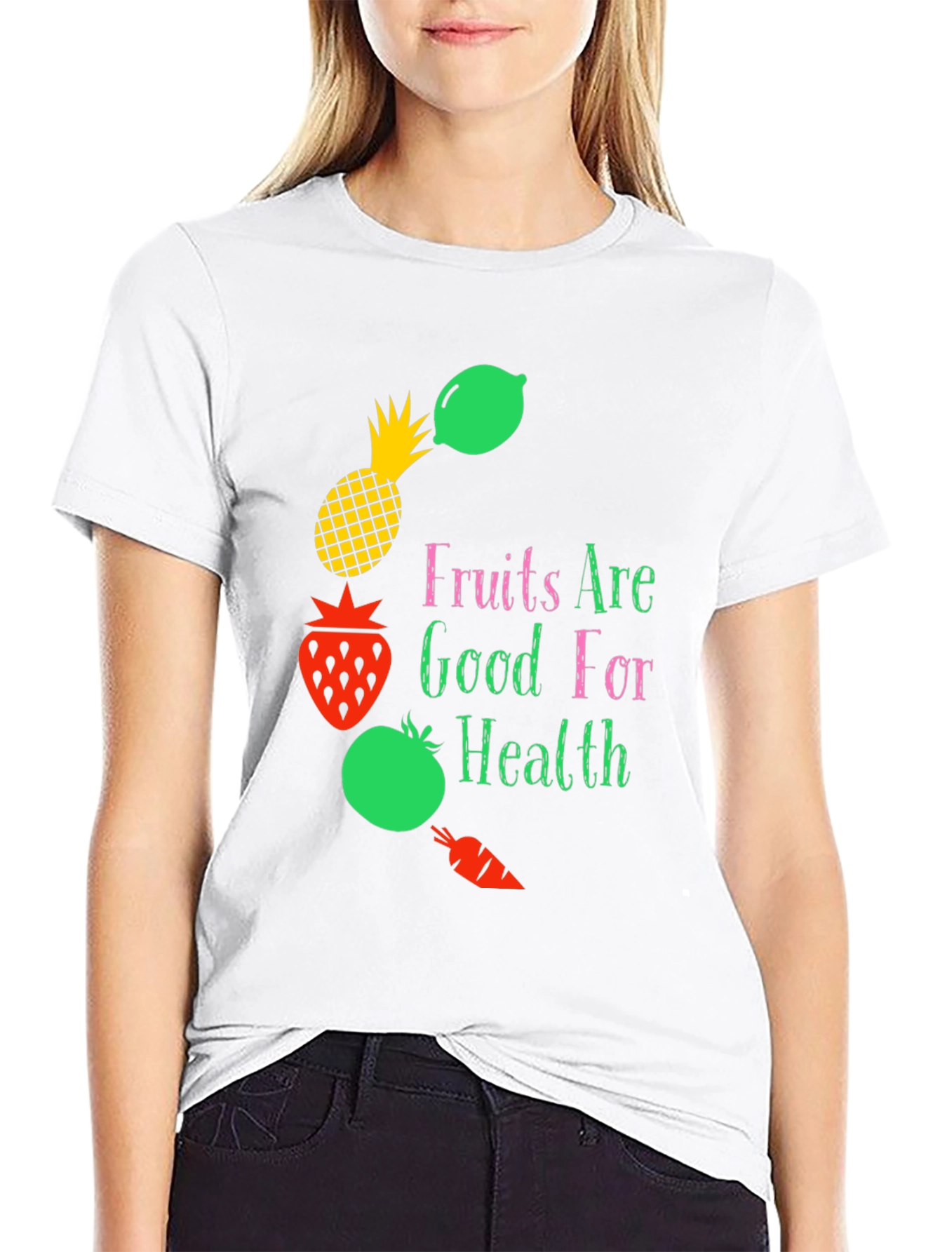 Camiseta Negra con Diseño Frutas y Salud