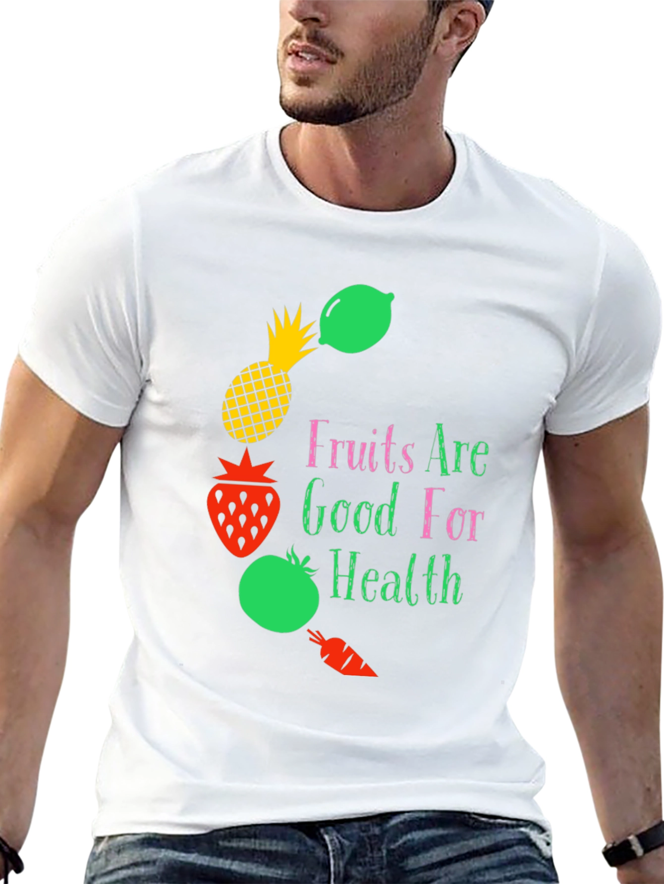 Camiseta Negra con Diseño Frutas y Salud