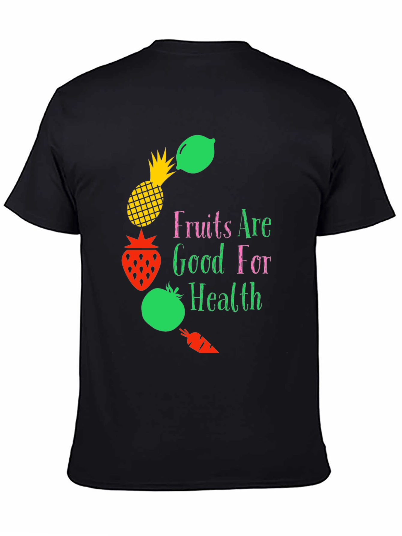 Camiseta Negra con Diseño Frutas y Salud